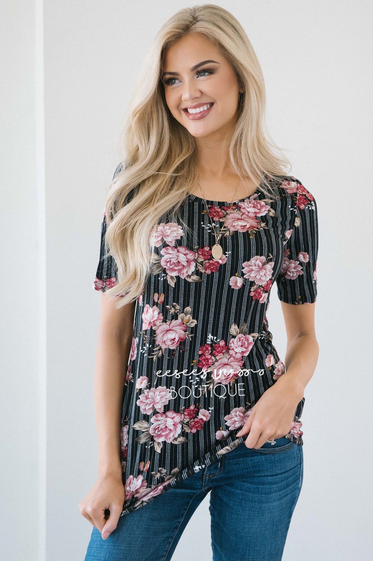 Black Pinstripe Floral Scoop Neck Top Tops vendor-unknown