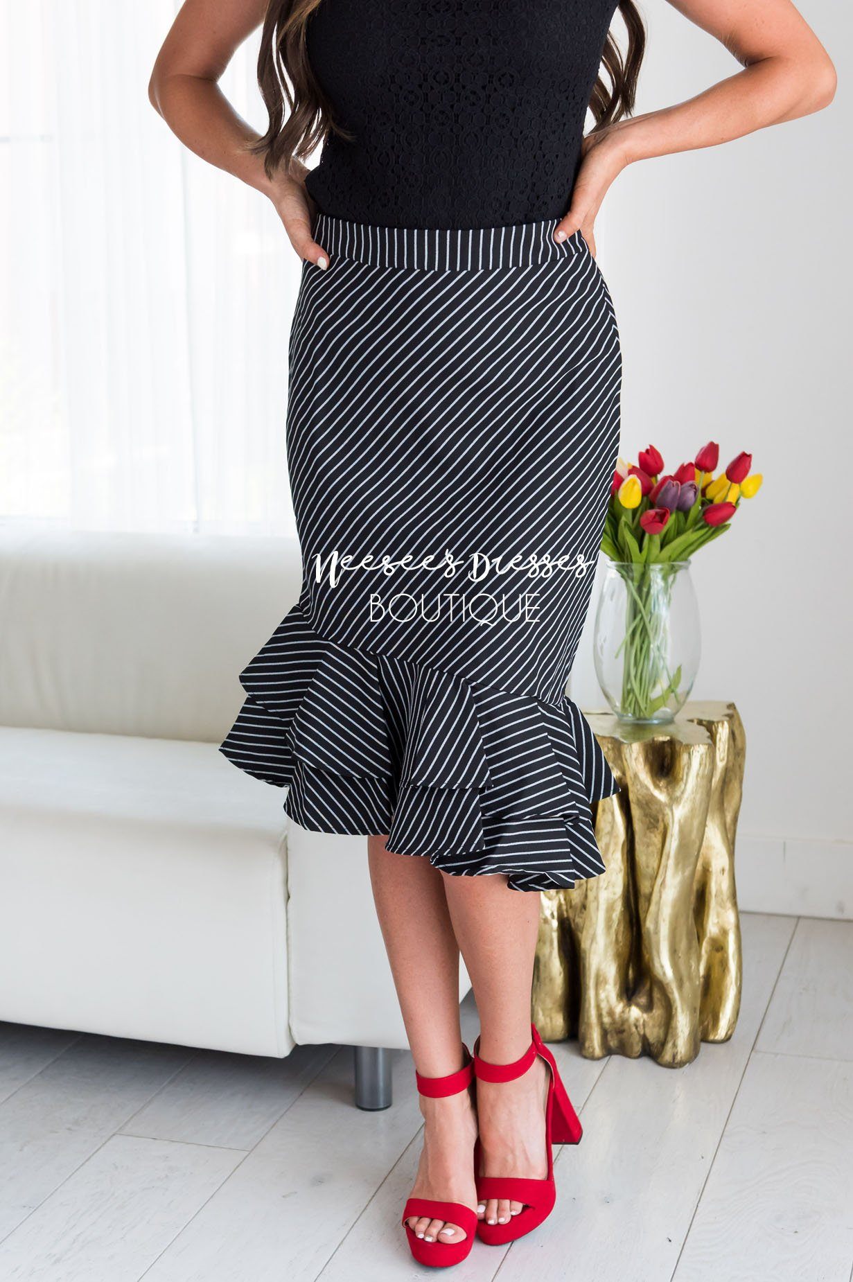 Striped Asymmetric Ruffle Hem Pencil Skirt Skirts vendor-unknown