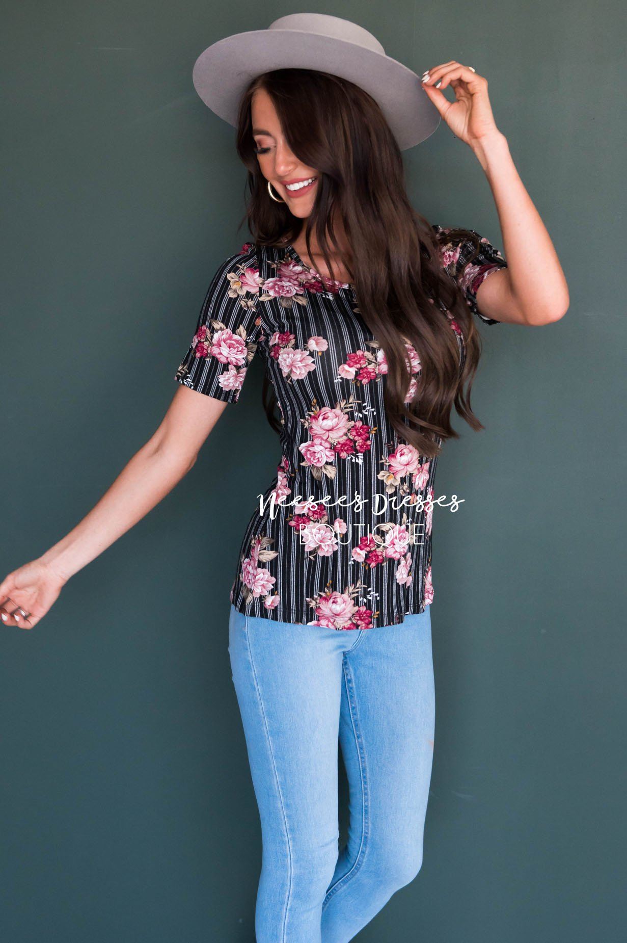 Pinstripe Floral Modest Top Tops vendor-unknown