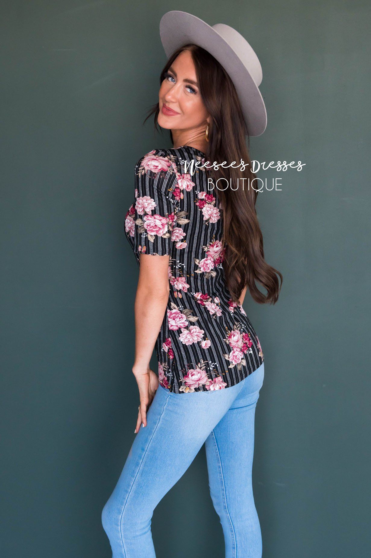 Pinstripe Floral Modest Top Tops vendor-unknown
