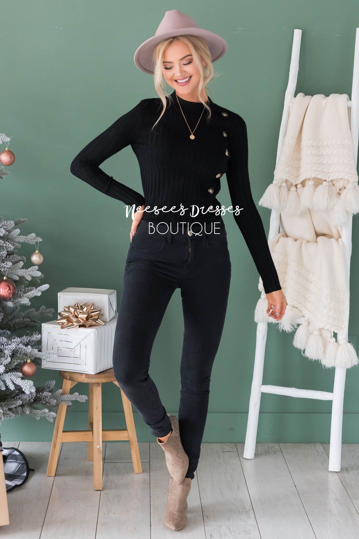 Button Up Ribbed Sweater Modest Dresses vendor-unknown