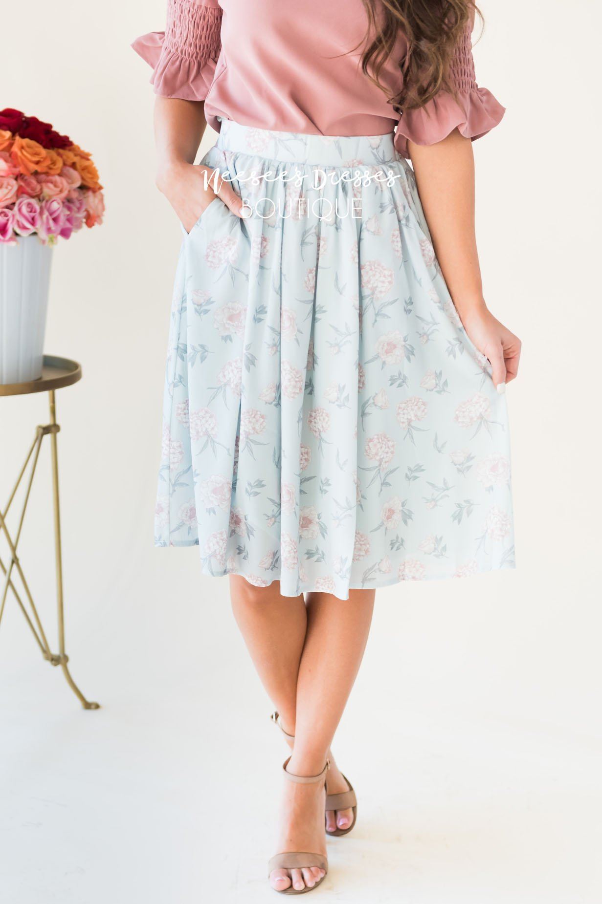 Pastel Blue Floral Chiffon Skirt Skirts vendor-unknown