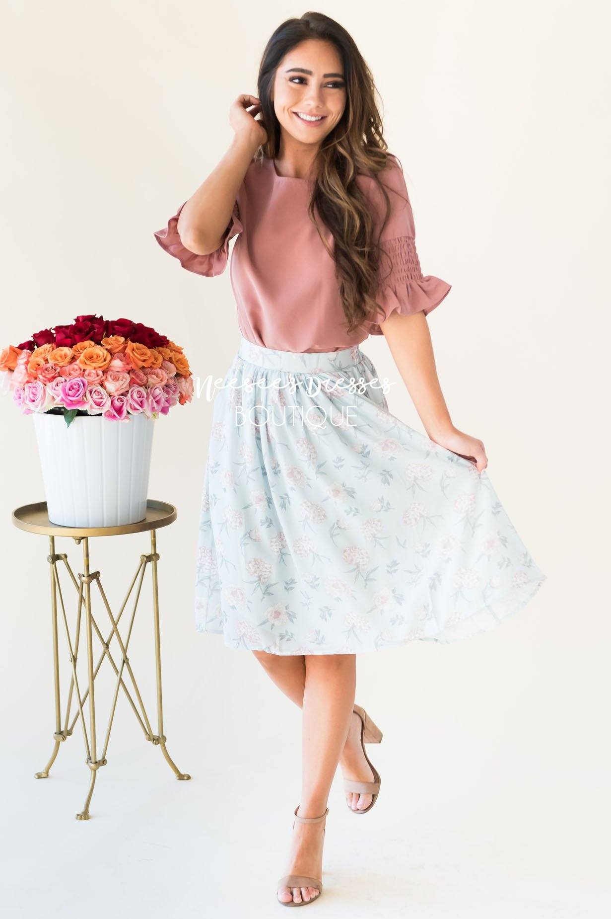 Pastel Blue Floral Chiffon Skirt Skirts vendor-unknown