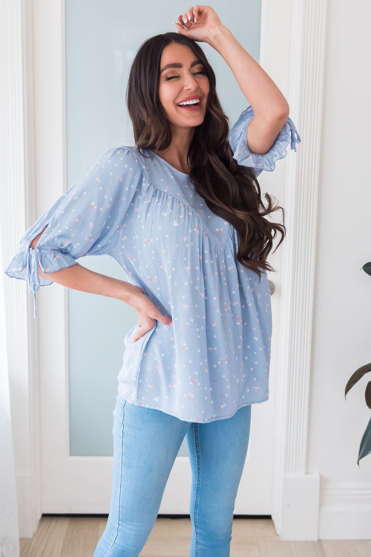 Summer Flowers Modest Tie Sleeve Top Tops vendor-unknown