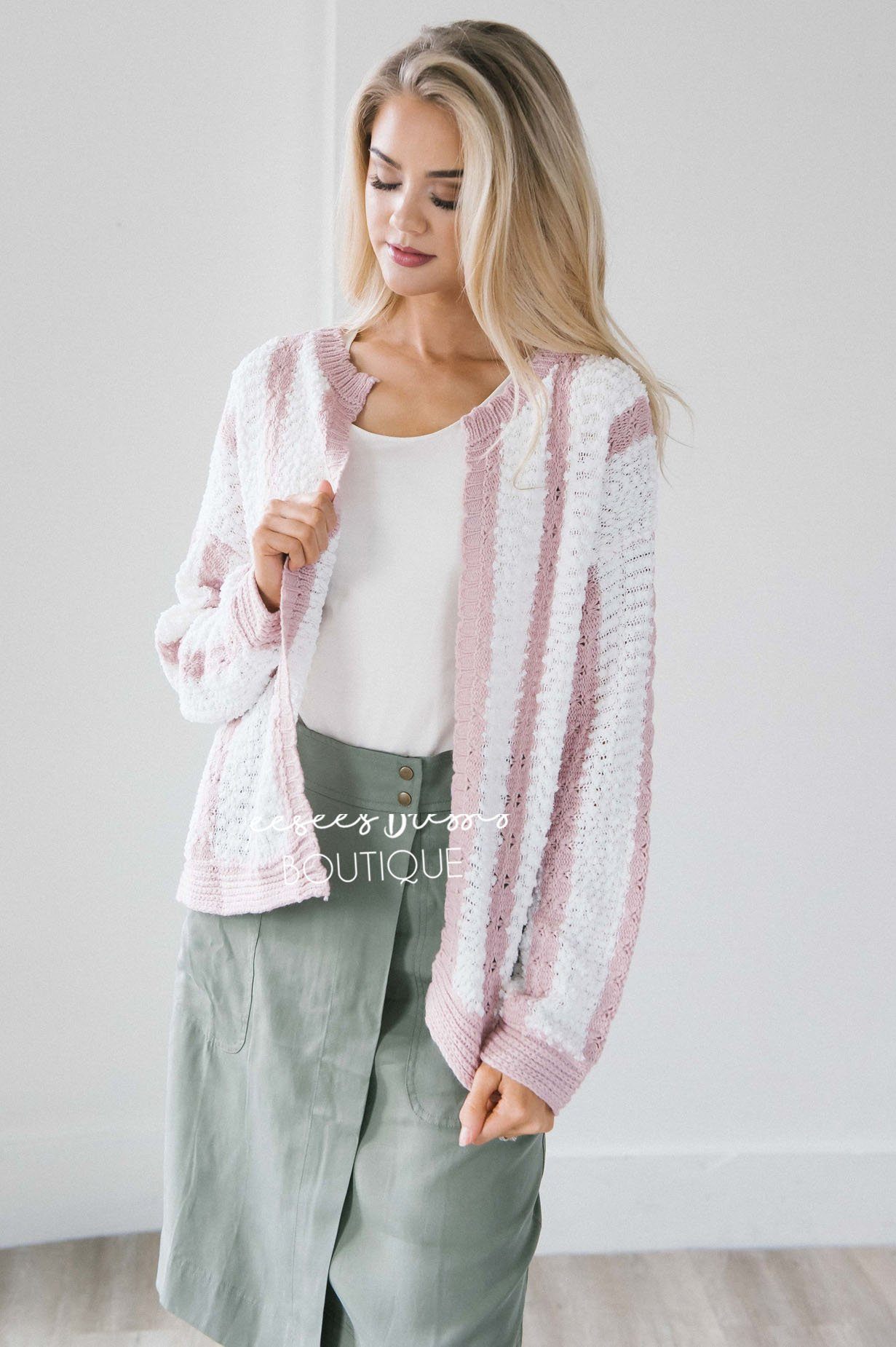 Striped Flower Knit Cardigan Tops vendor-unknown