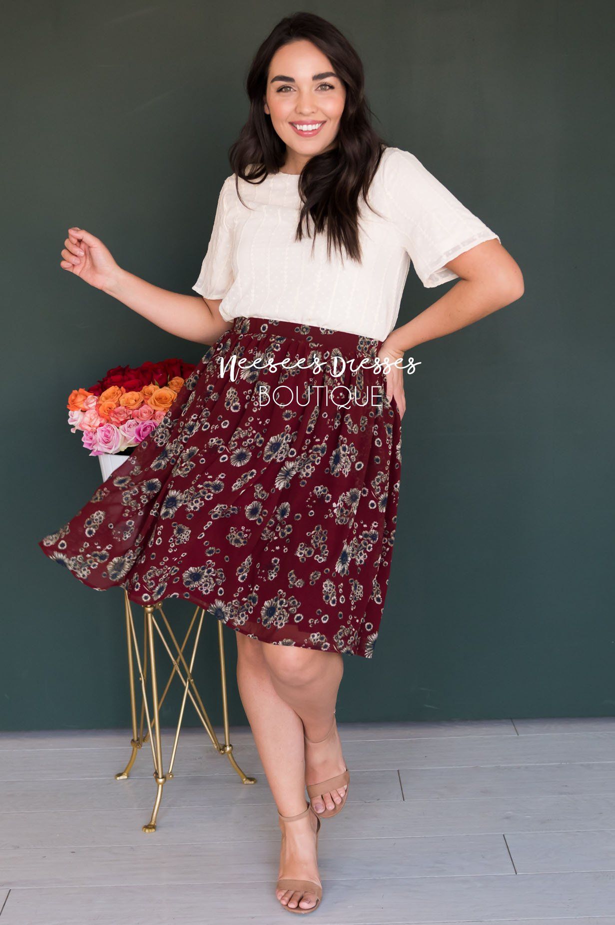 Burgundy Cluster Floral Chiffon Skirt Skirts vendor-unknown