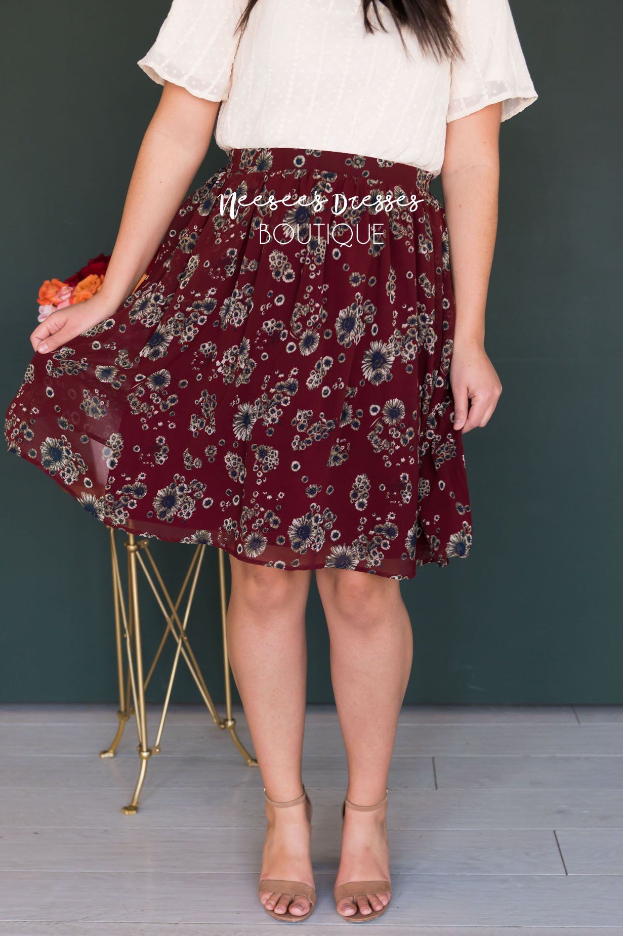 Burgundy Cluster Floral Chiffon Skirt Skirts vendor-unknown