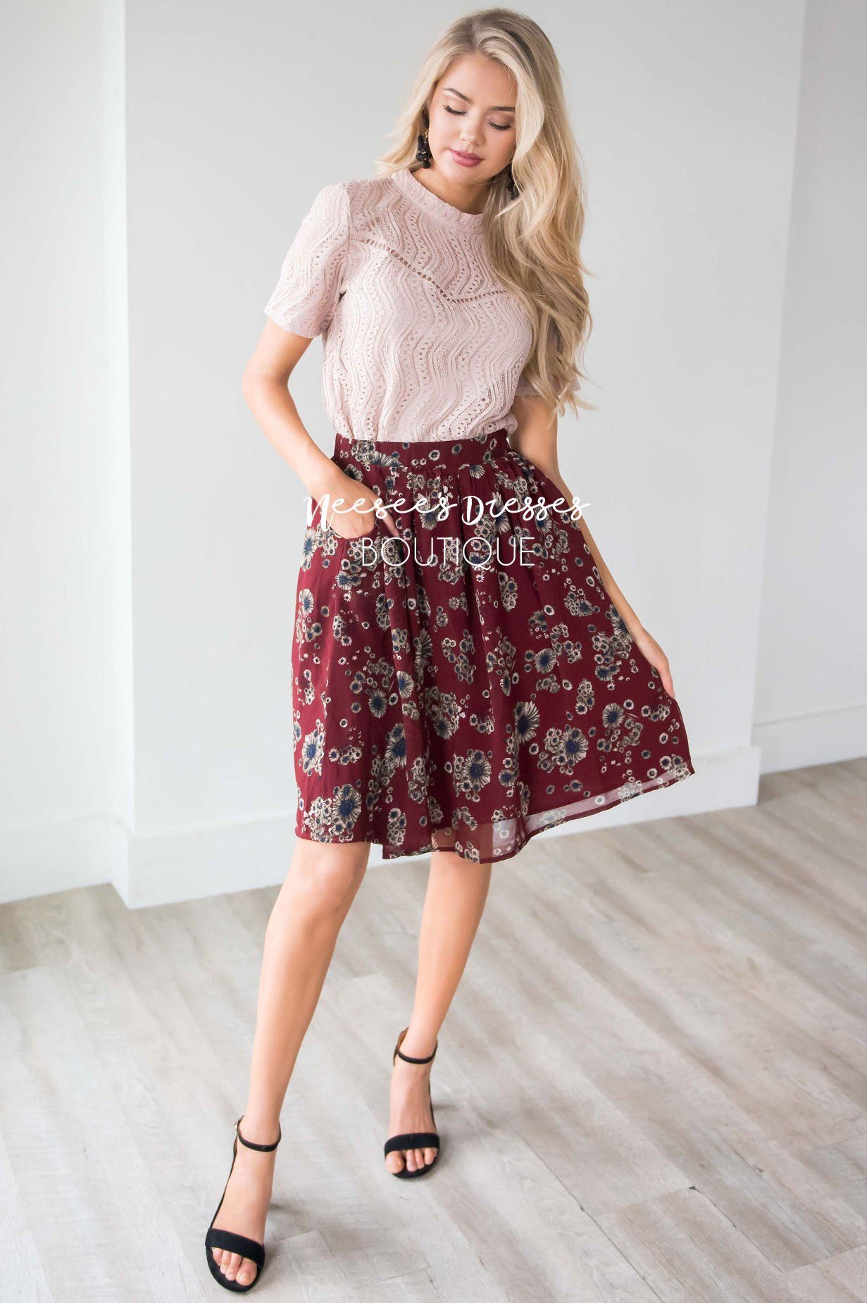 Burgundy Cluster Floral Chiffon Skirt Skirts vendor-unknown