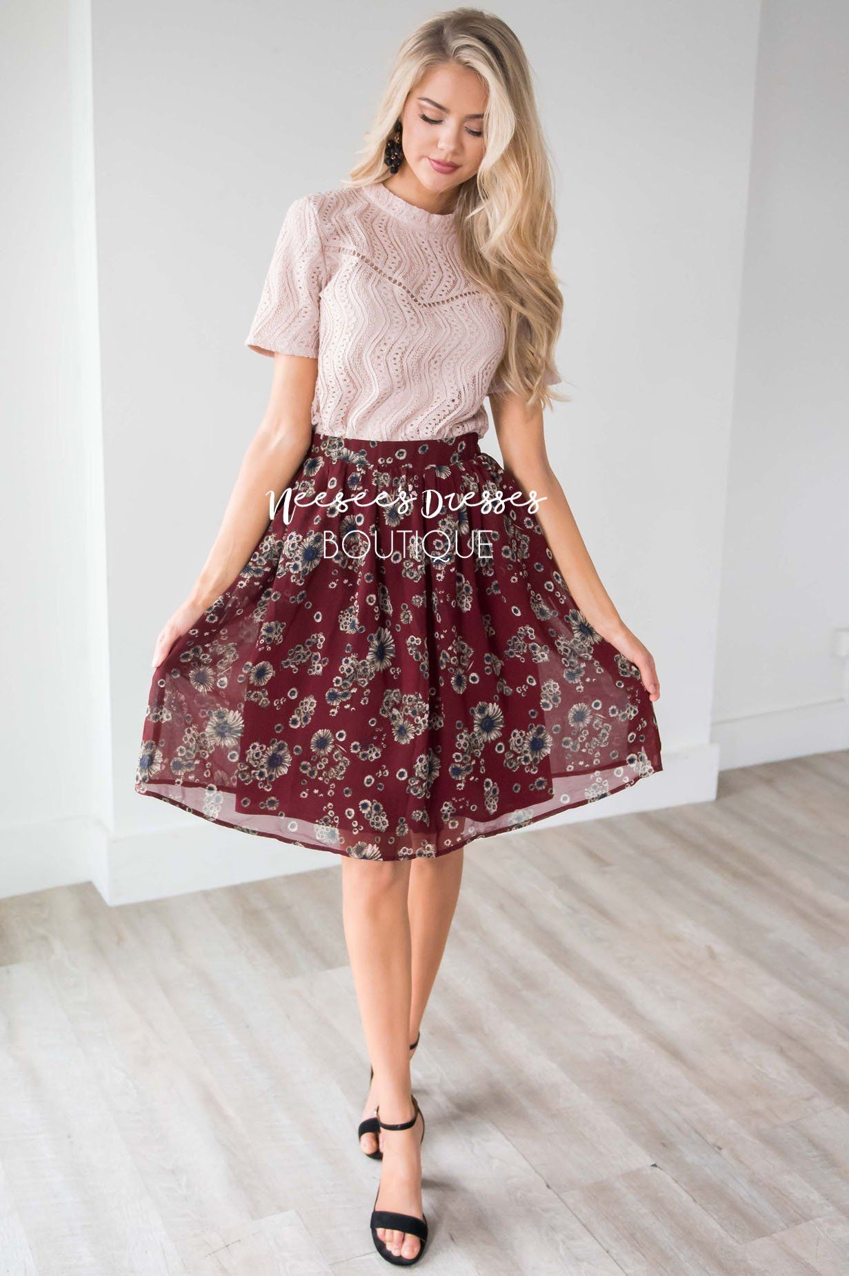 Burgundy Cluster Floral Chiffon Skirt Skirts vendor-unknown