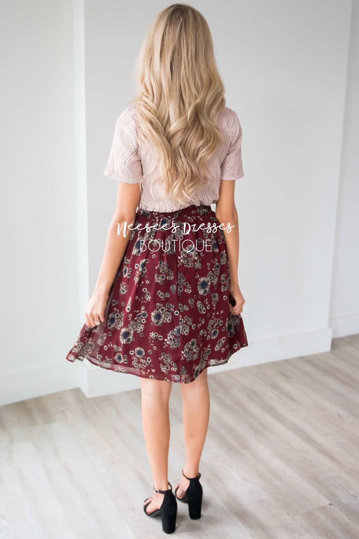 Burgundy Cluster Floral Chiffon Skirt Skirts vendor-unknown