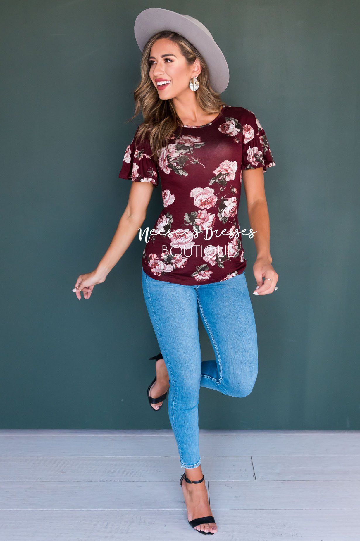 Burgundy Floral Modest Ruffle Sleeve Top Tops vendor-unknown