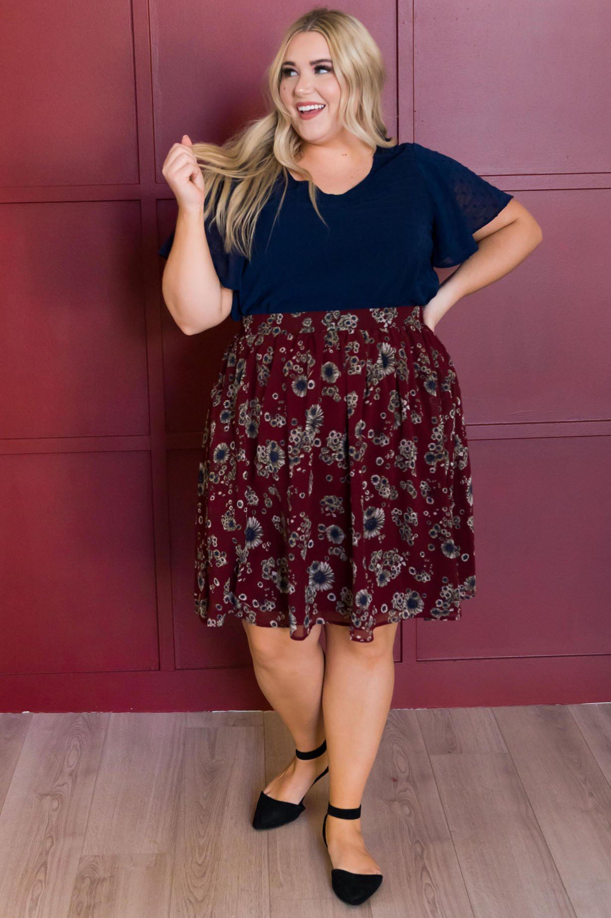 Burgundy Cluster Floral Chiffon Skirt Skirts vendor-unknown