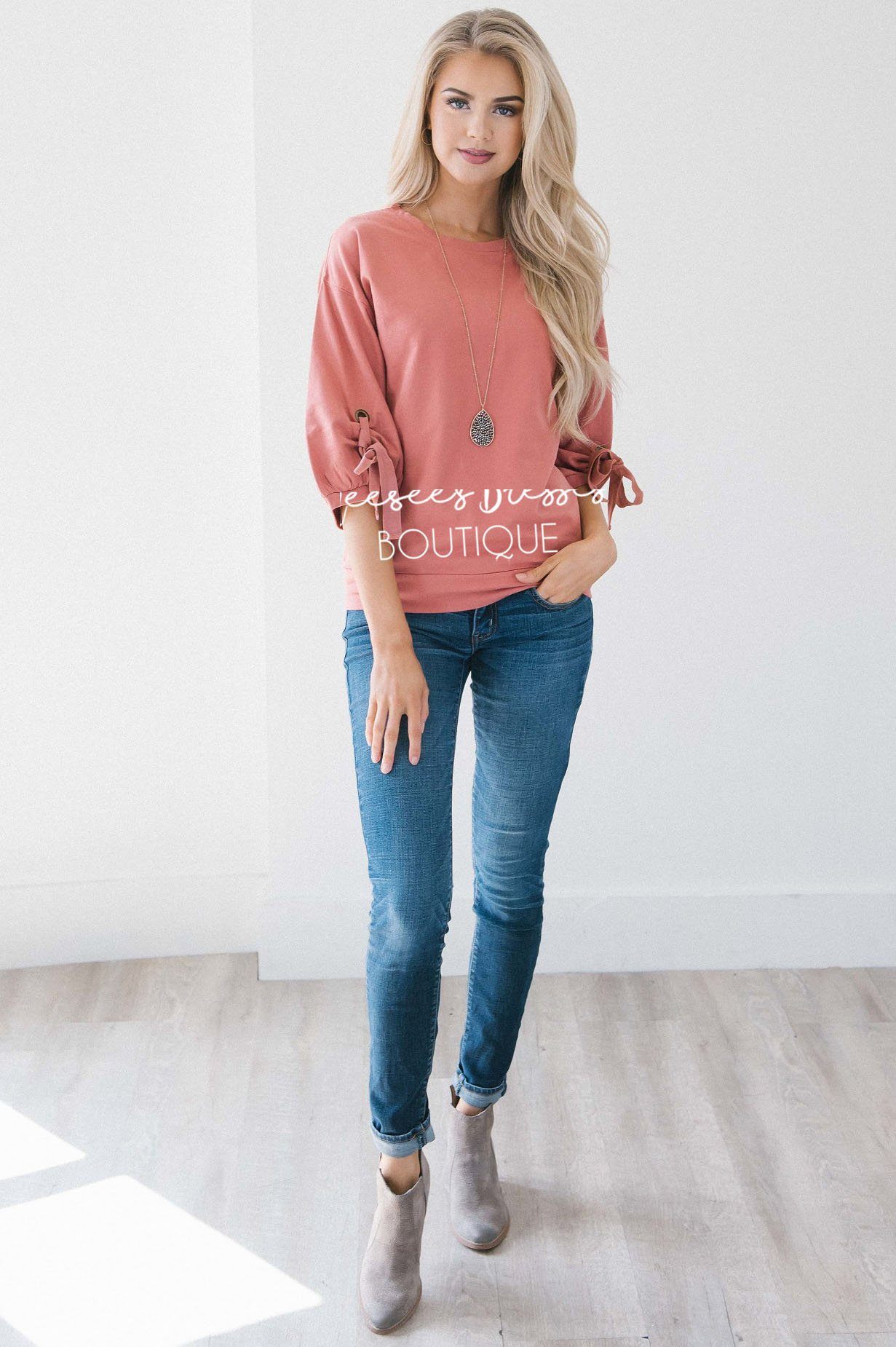 Gathered Tie Sleeve Sweatshirt Tops vendor-unknown