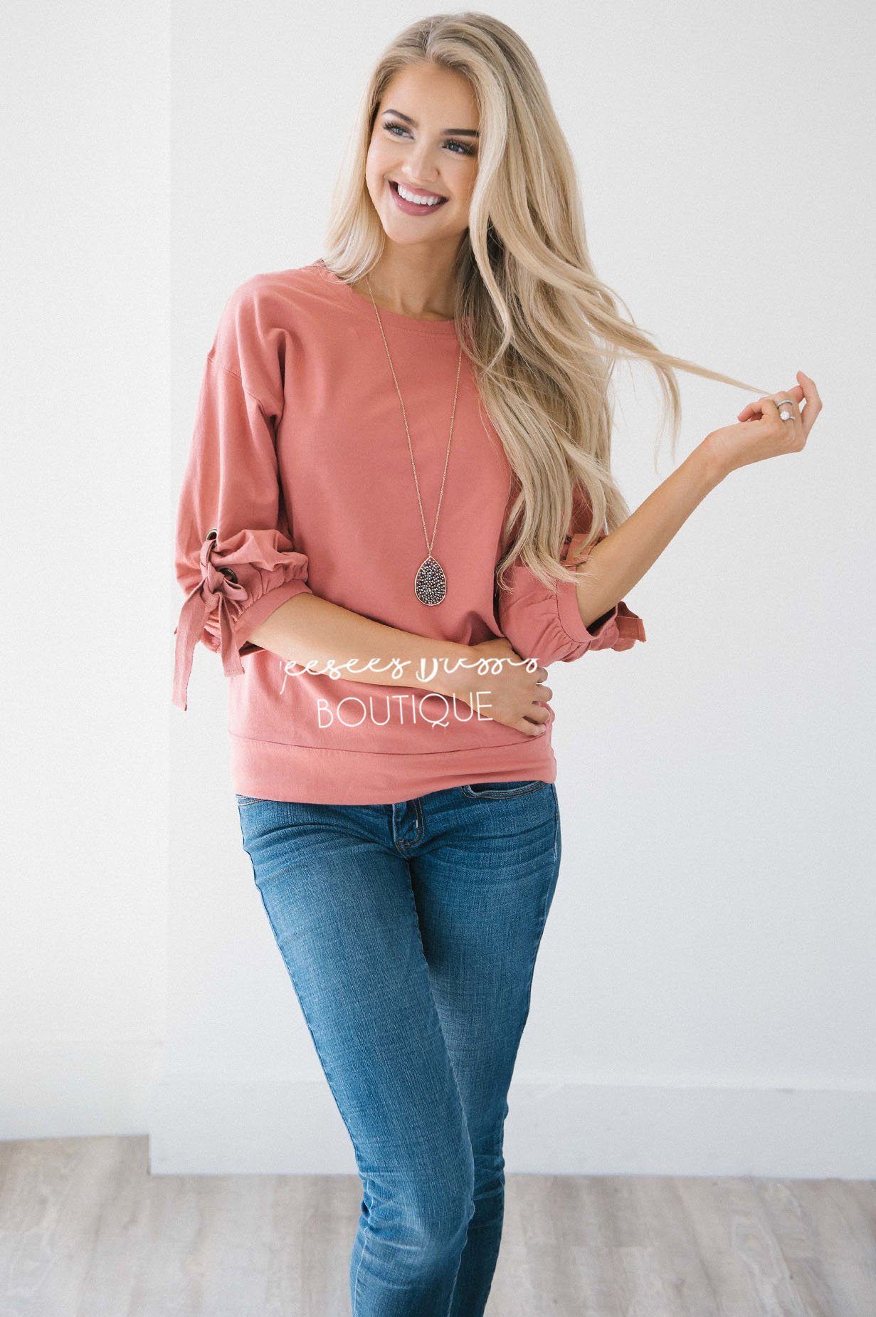 Gathered Tie Sleeve Sweatshirt Tops vendor-unknown