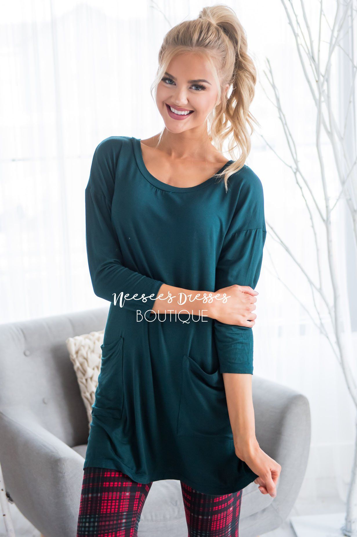 Button Back Pocket Tunic Modest Dresses vendor-unknown