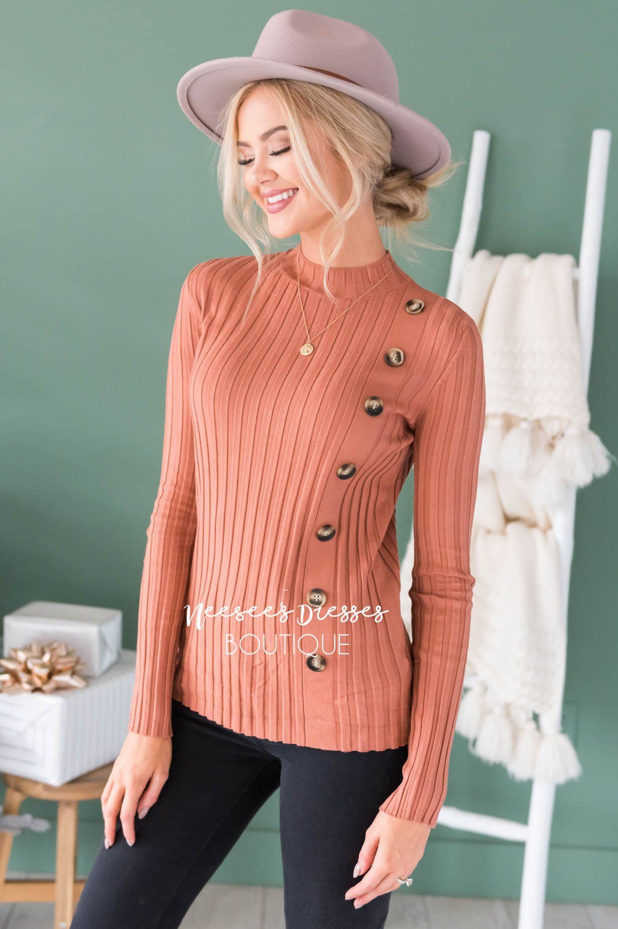 Button Up Ribbed Sweater Modest Dresses vendor-unknown