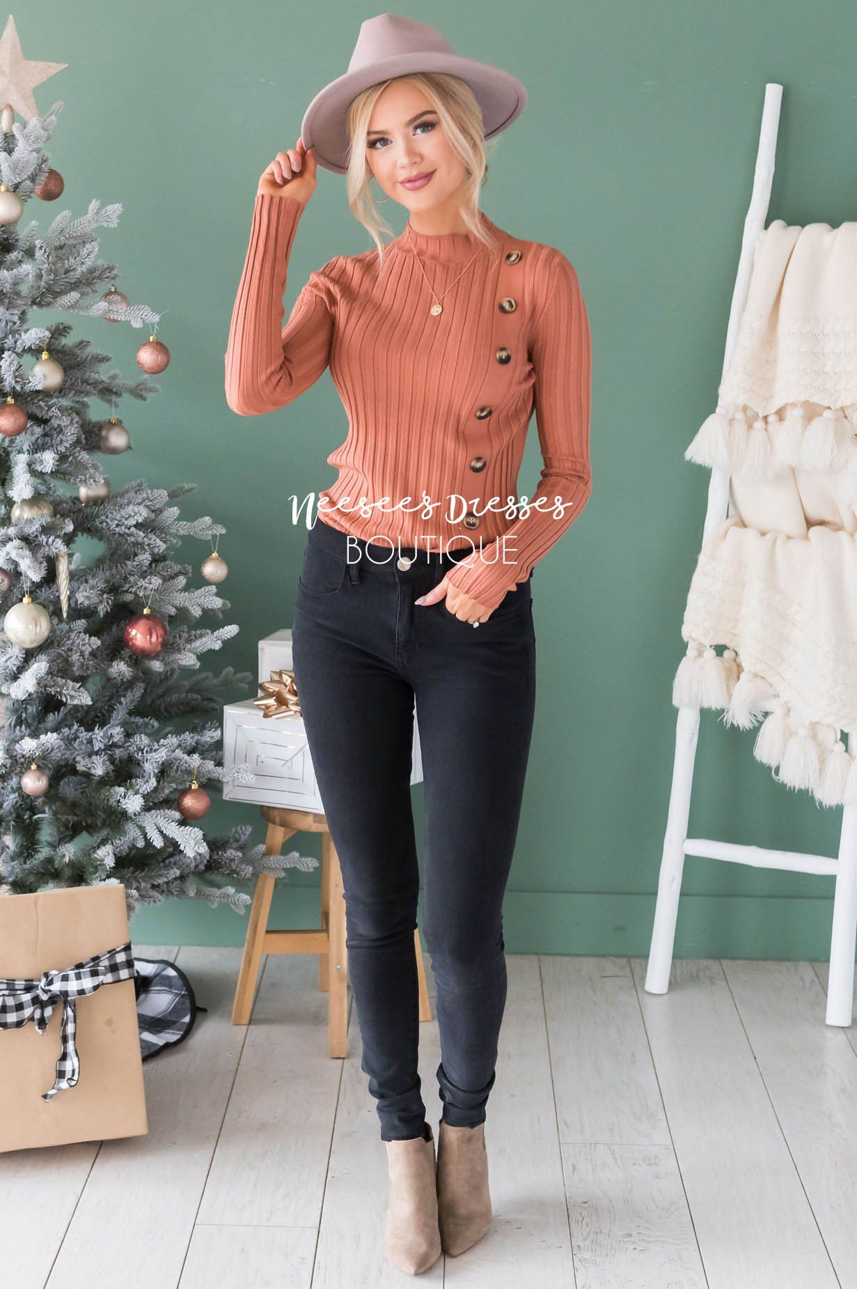 Button Up Ribbed Sweater Modest Dresses vendor-unknown