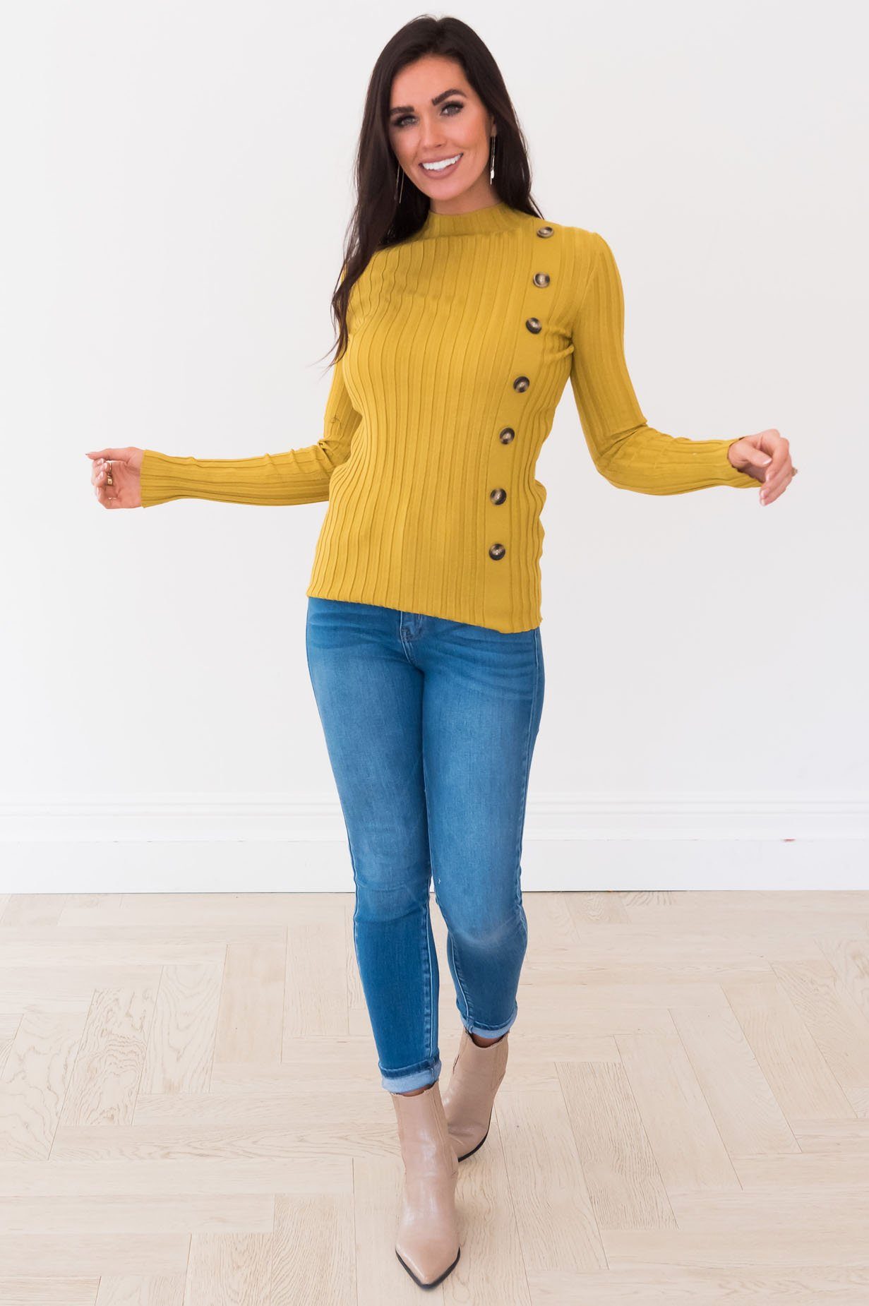 Button Up Ribbed Sweater Modest Dresses vendor-unknown