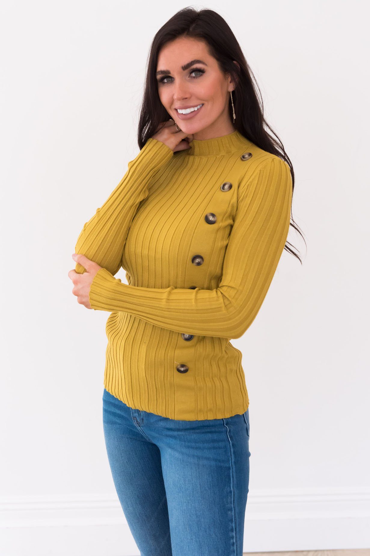 Button Up Ribbed Sweater Modest Dresses vendor-unknown