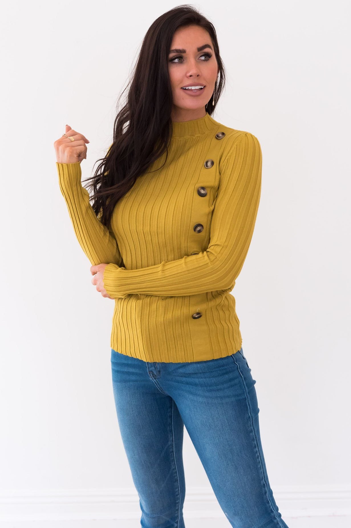 Button Up Ribbed Sweater Modest Dresses vendor-unknown