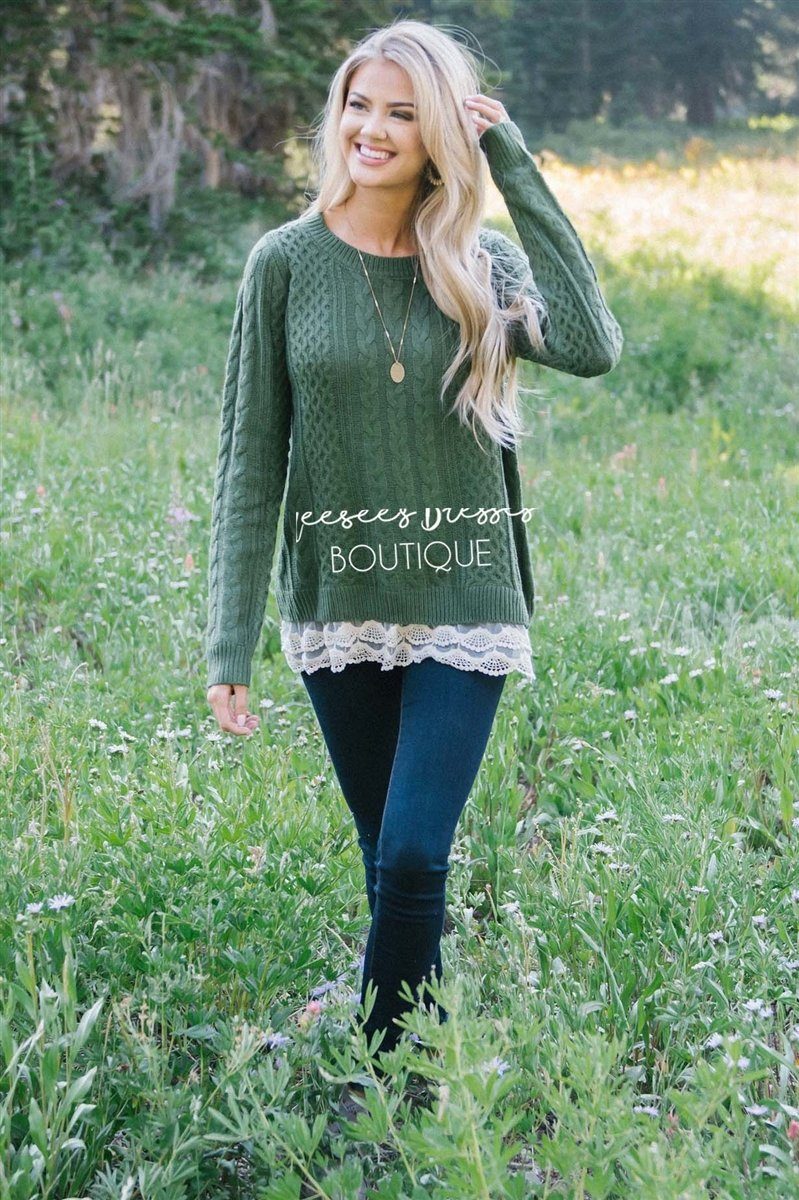 Scallop Lace Hem Cable Knit Sweater Tops vendor-unknown