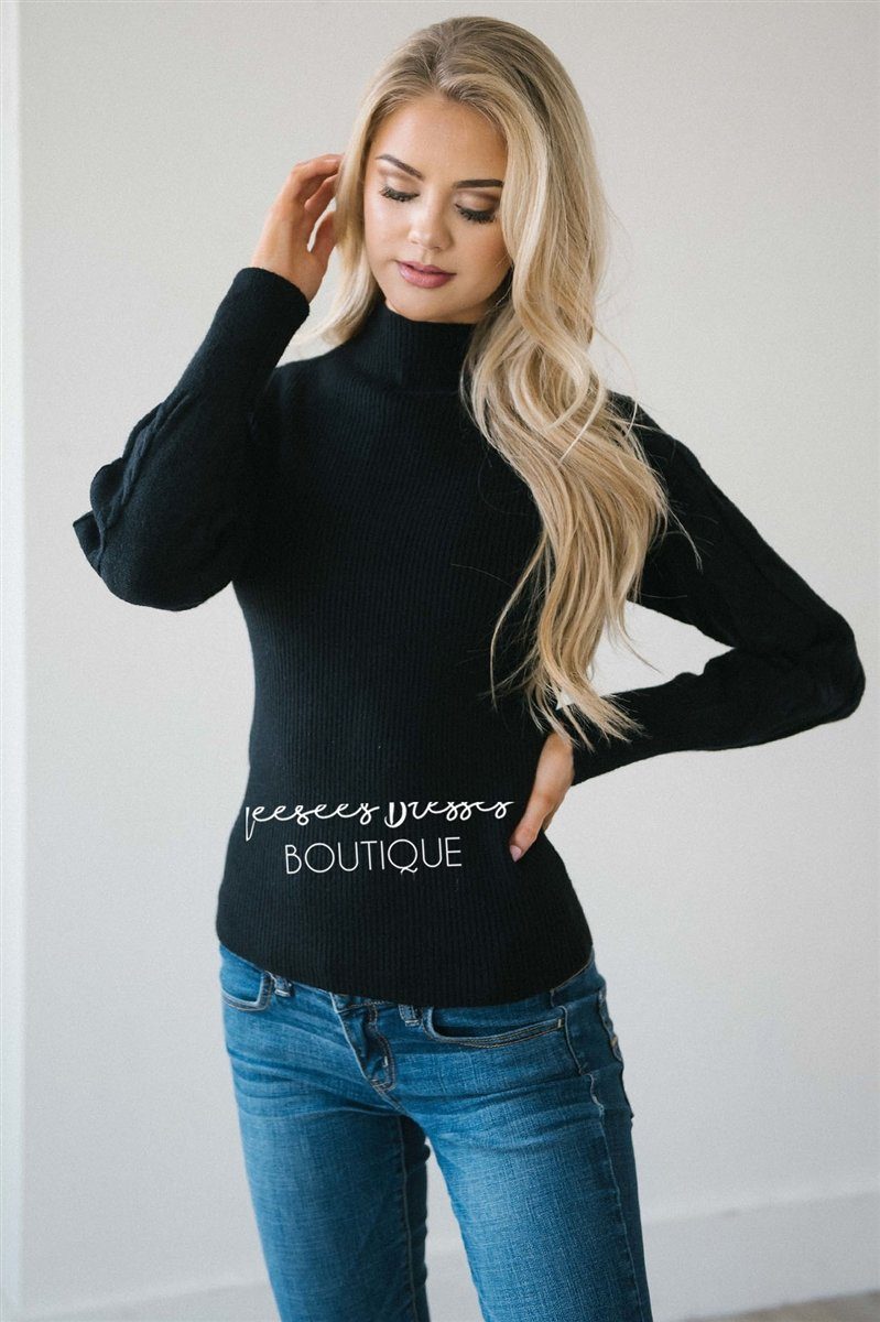 Cable Knit Detail Turtle Neck Tops vendor-unknown Black S