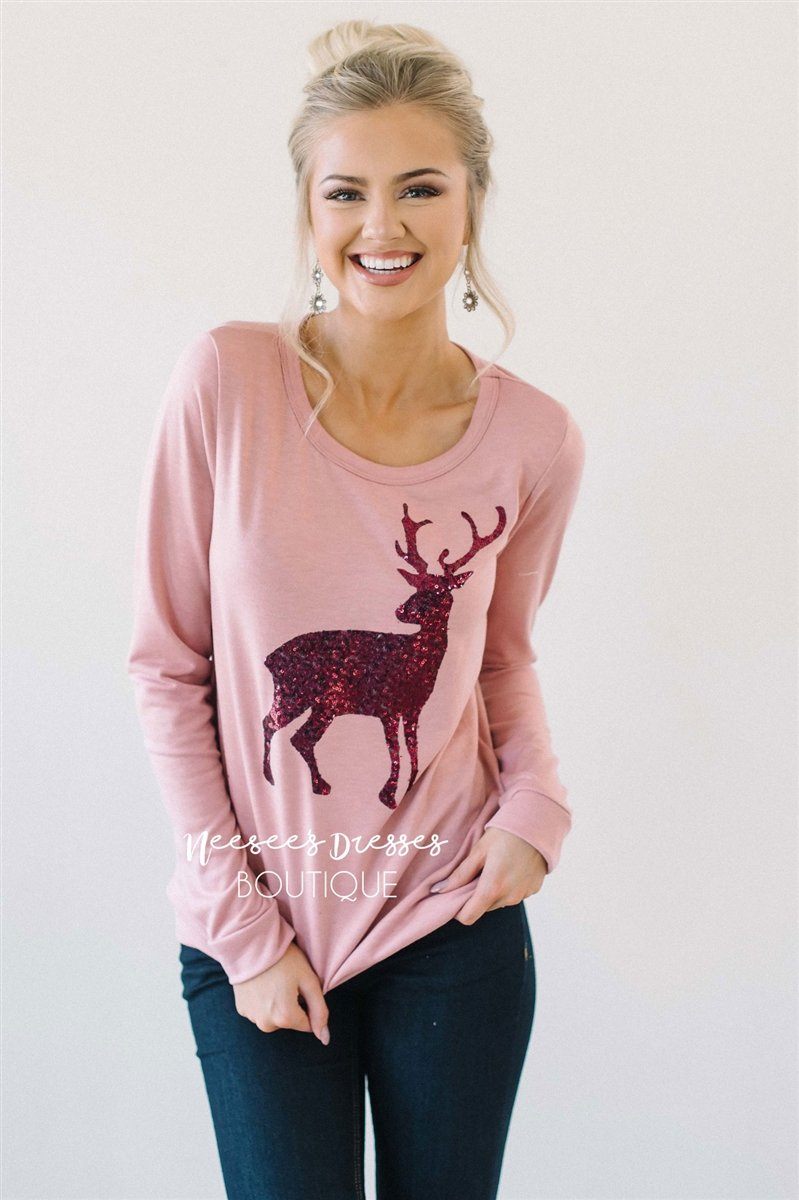 Pink Sequin Reindeer Sweater Tops vendor-unknown Pink S