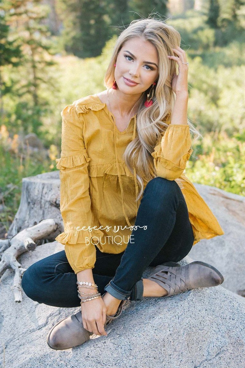 Ruffle Trim Neck Tie Blouse Tops vendor-unknown