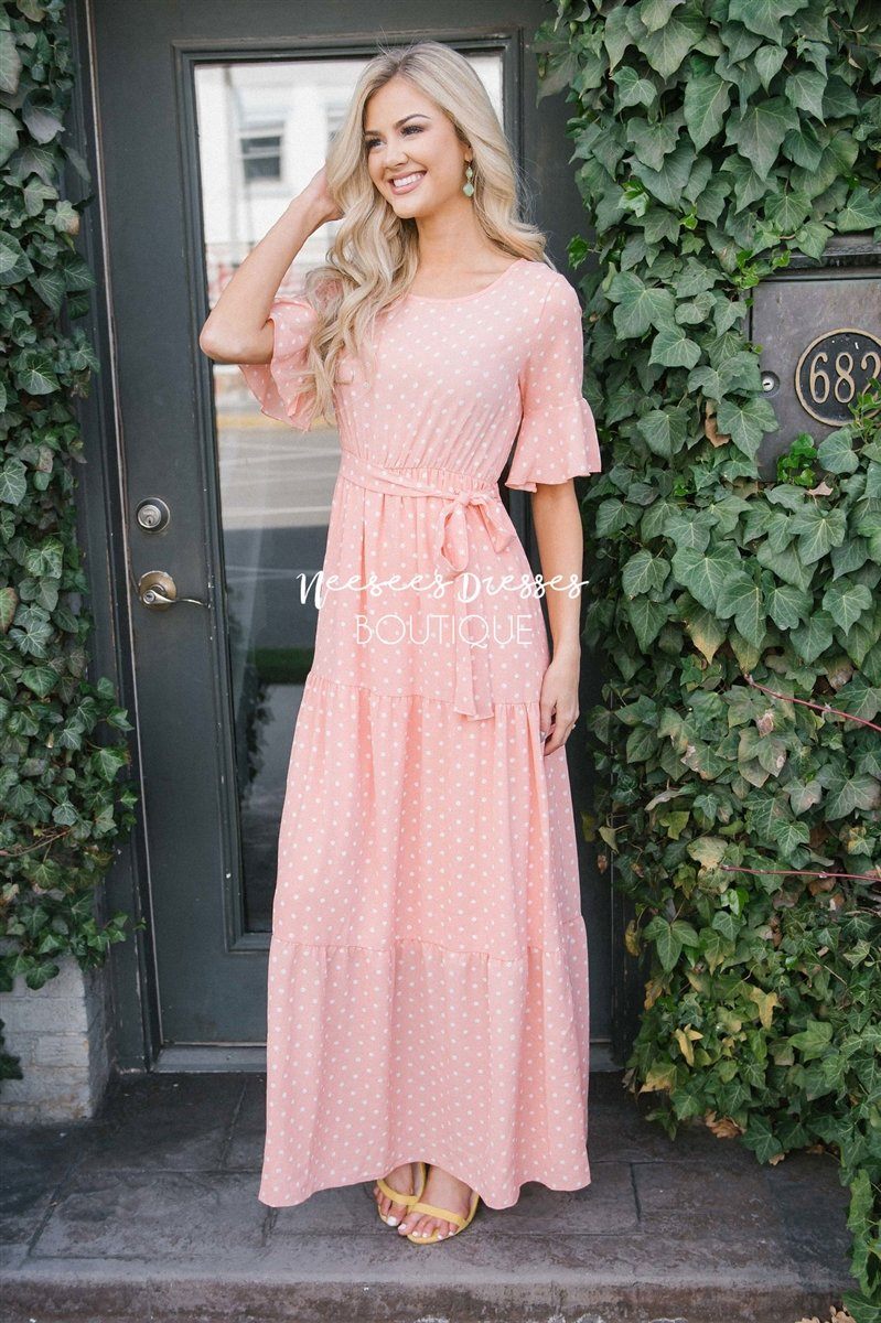 Polka Dot Flutter Sleeve Tiered Maxi Dress Modest Dresses vendor-unknown