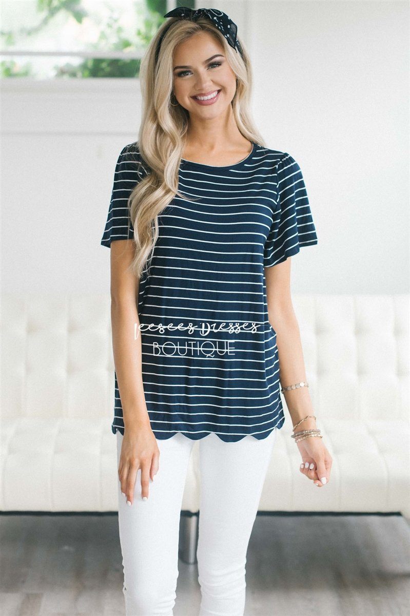 Striped Scallop Hem Top Tops vendor-unknown