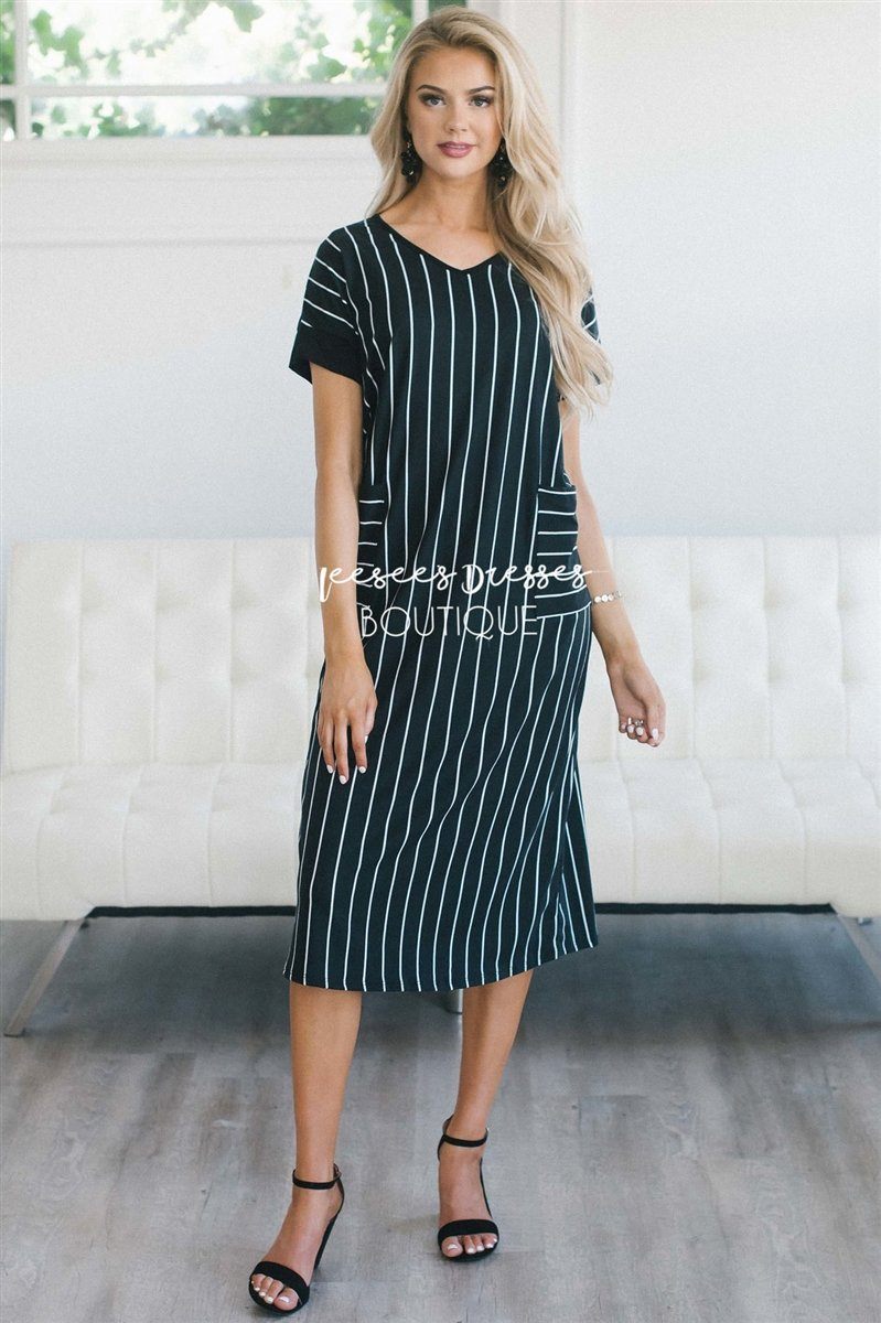 The Taylee Swing Dress Modest Dresses vendor-unknown Black & White Stripes S