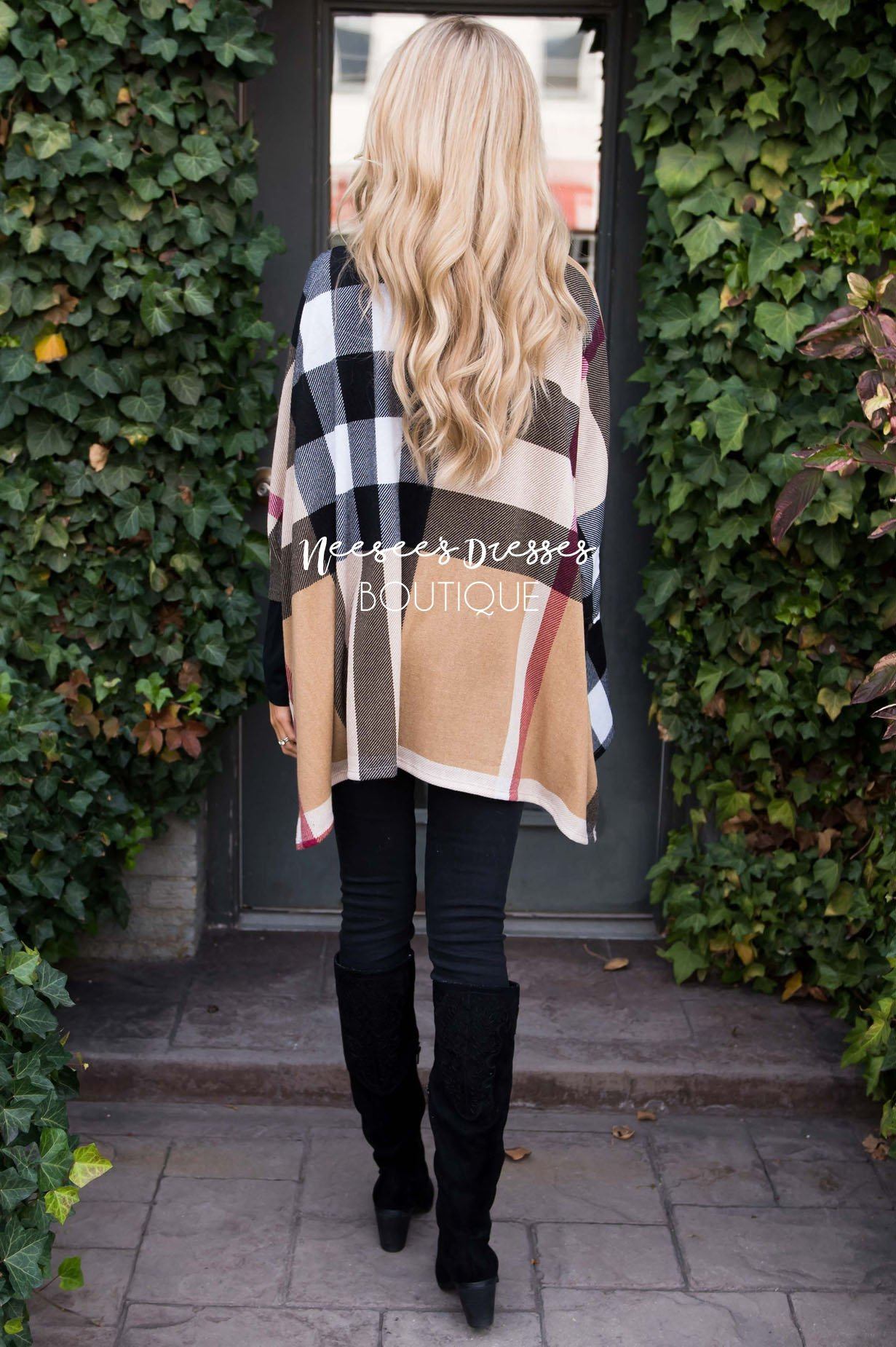 Seasons Of Love Plaid Poncho Tops vendor-unknown