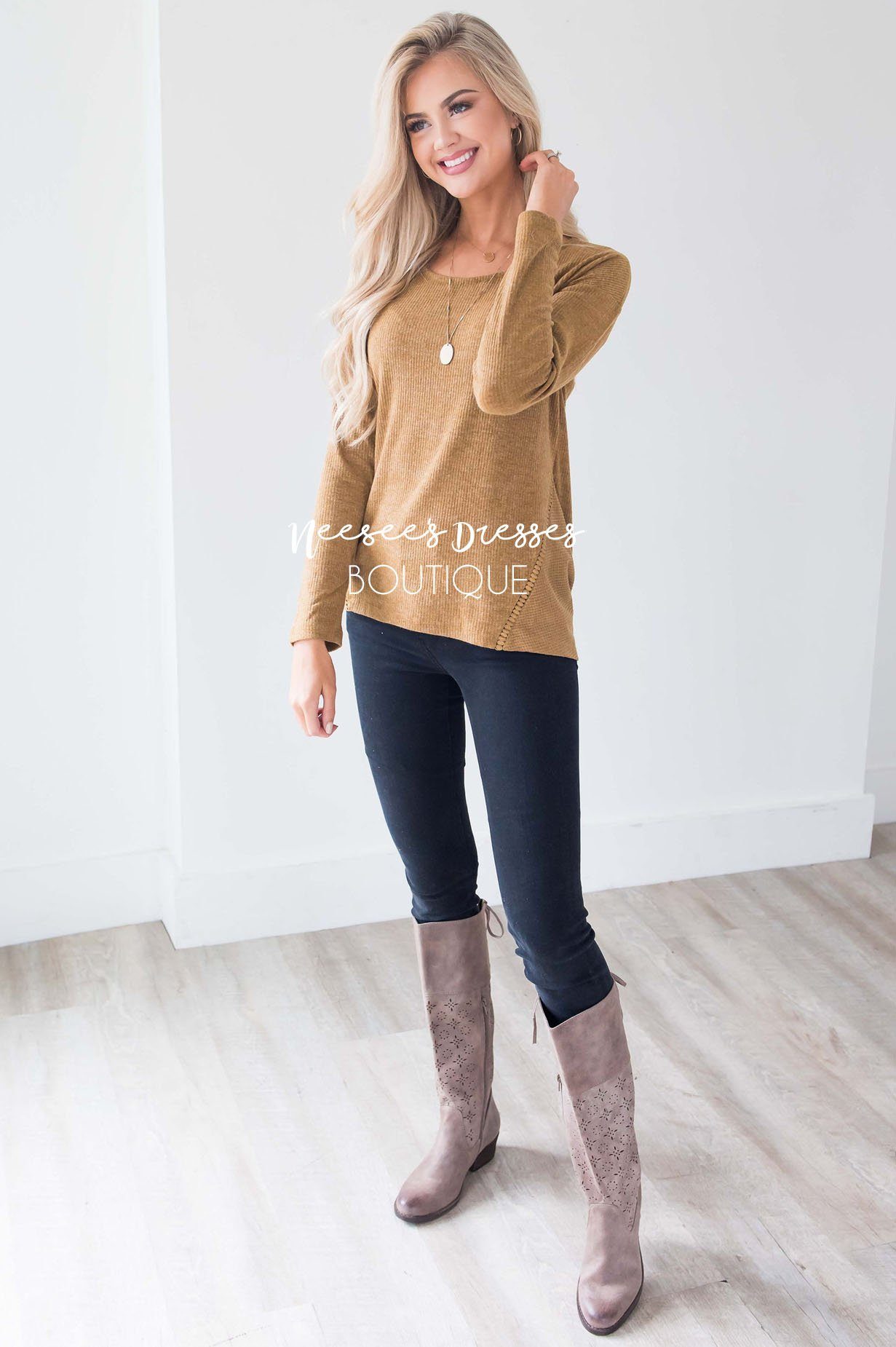 Ribbed Camel Ladder Lace Detail Thermal Tops vendor-unknown