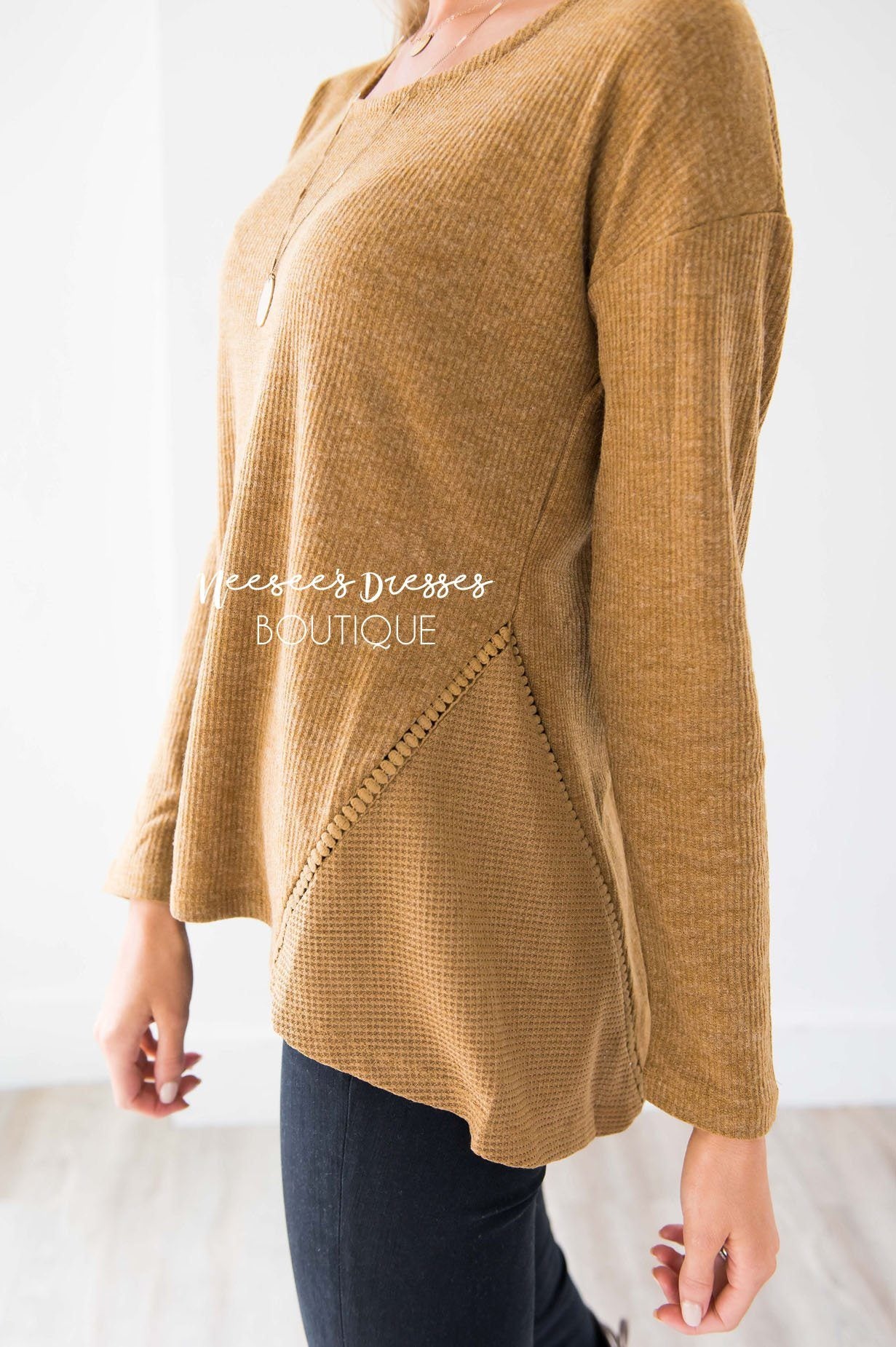 Ribbed Camel Ladder Lace Detail Thermal Tops vendor-unknown