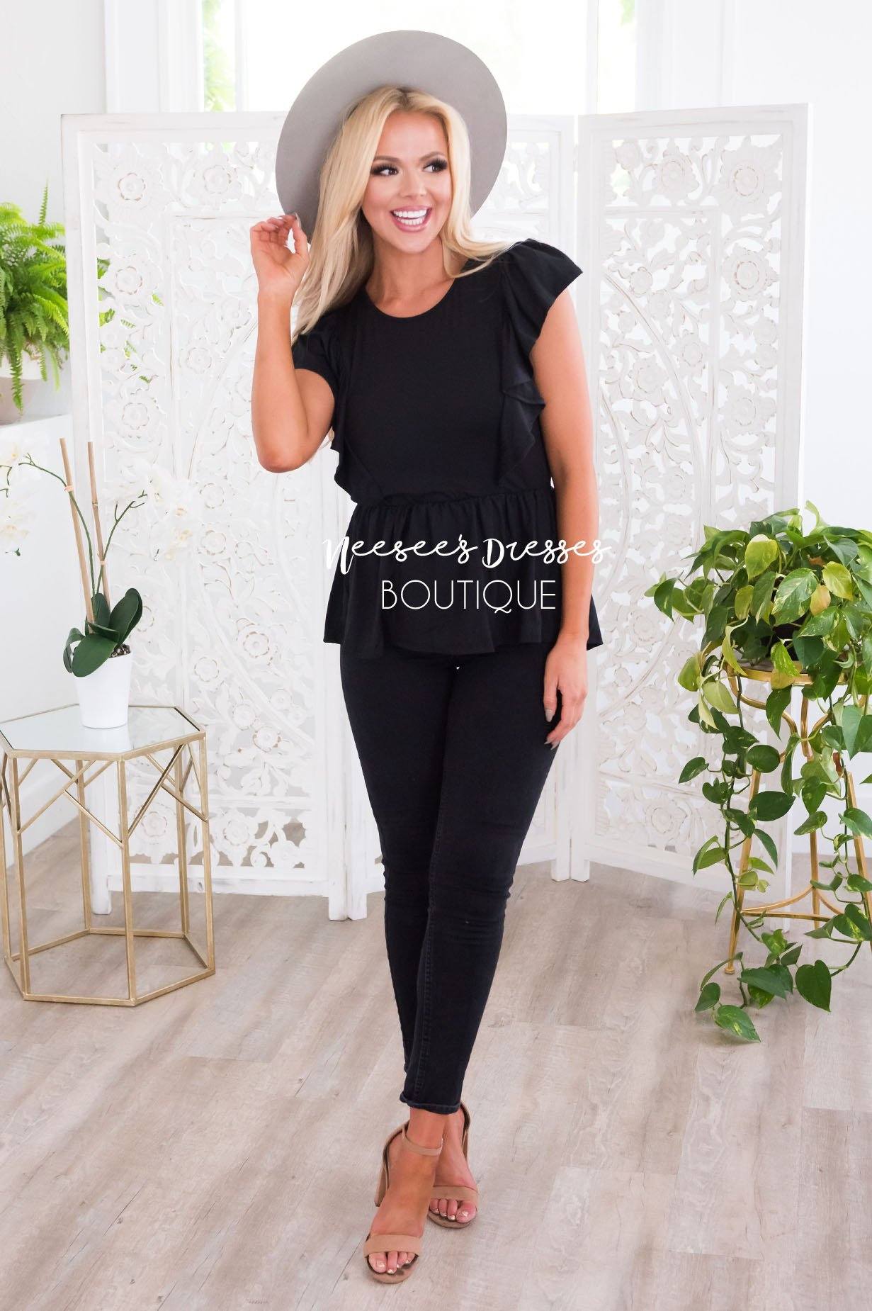Carefree Modest Ruffle Peplum Blouse Tops vendor-unknown