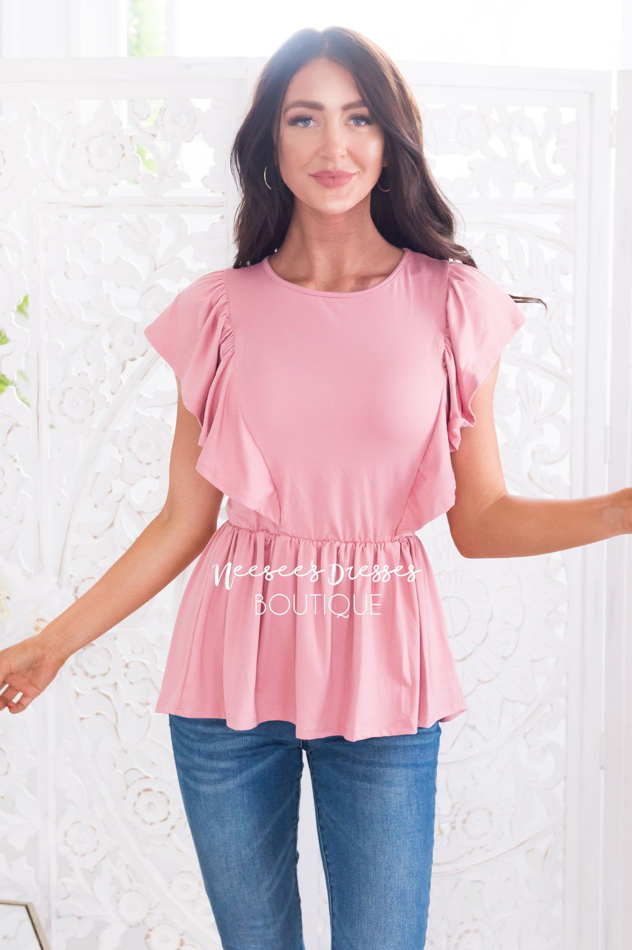 Carefree Modest Ruffle Peplum Blouse Tops vendor-unknown