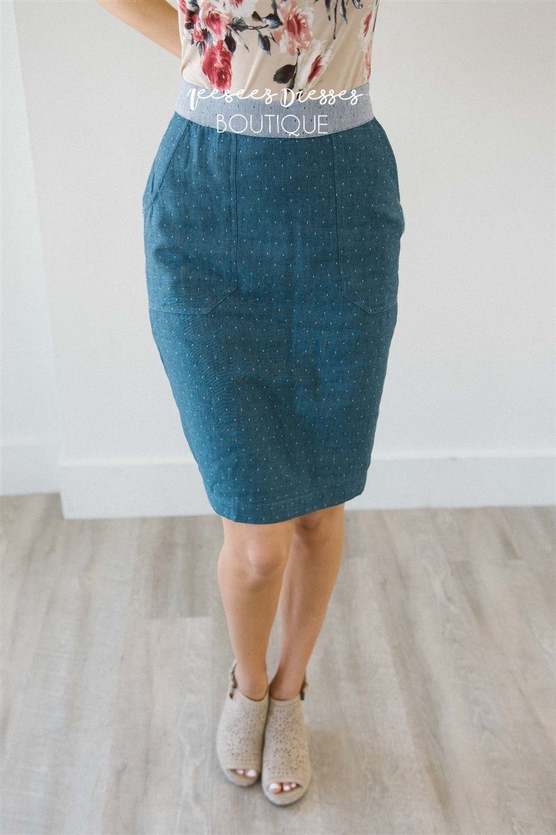 Polka Dot Chambray Pencil Skirt Skirts vendor-unknown