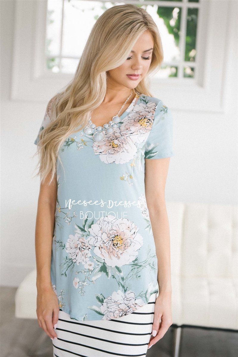 Short Sleeve Soft Dusty Aqua Floral Top Tops vendor-unknown S Dusty Aqua