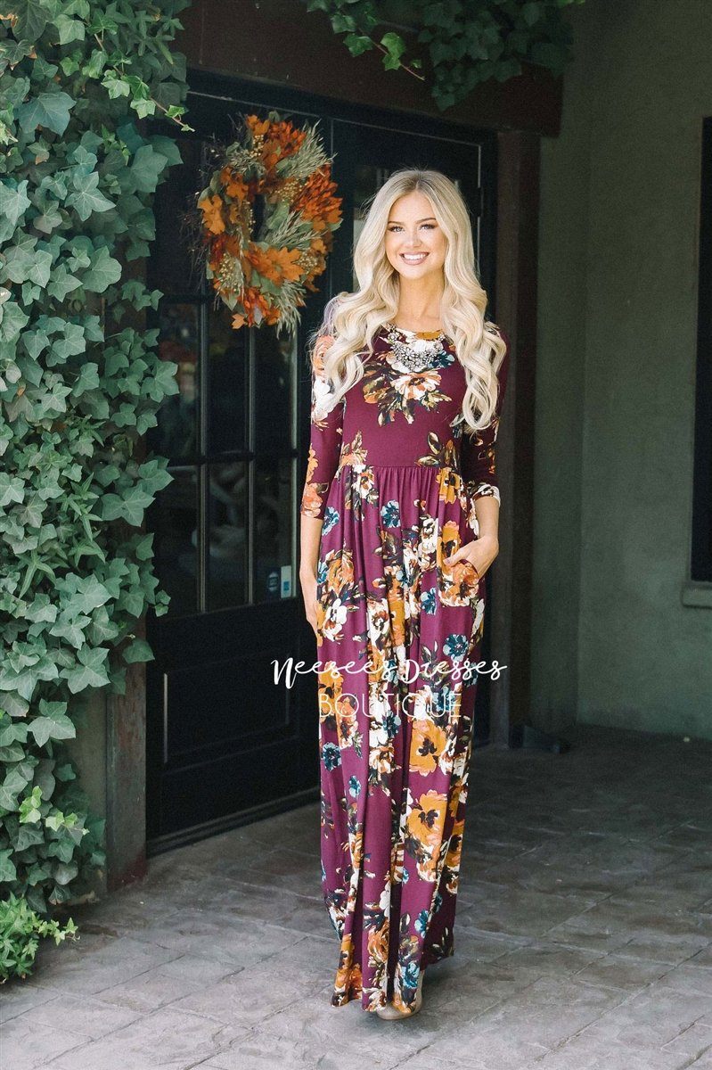 Burgundy Watercolor Floral Maxi Dress Modest Dresses vendor-unknown Burgundy S