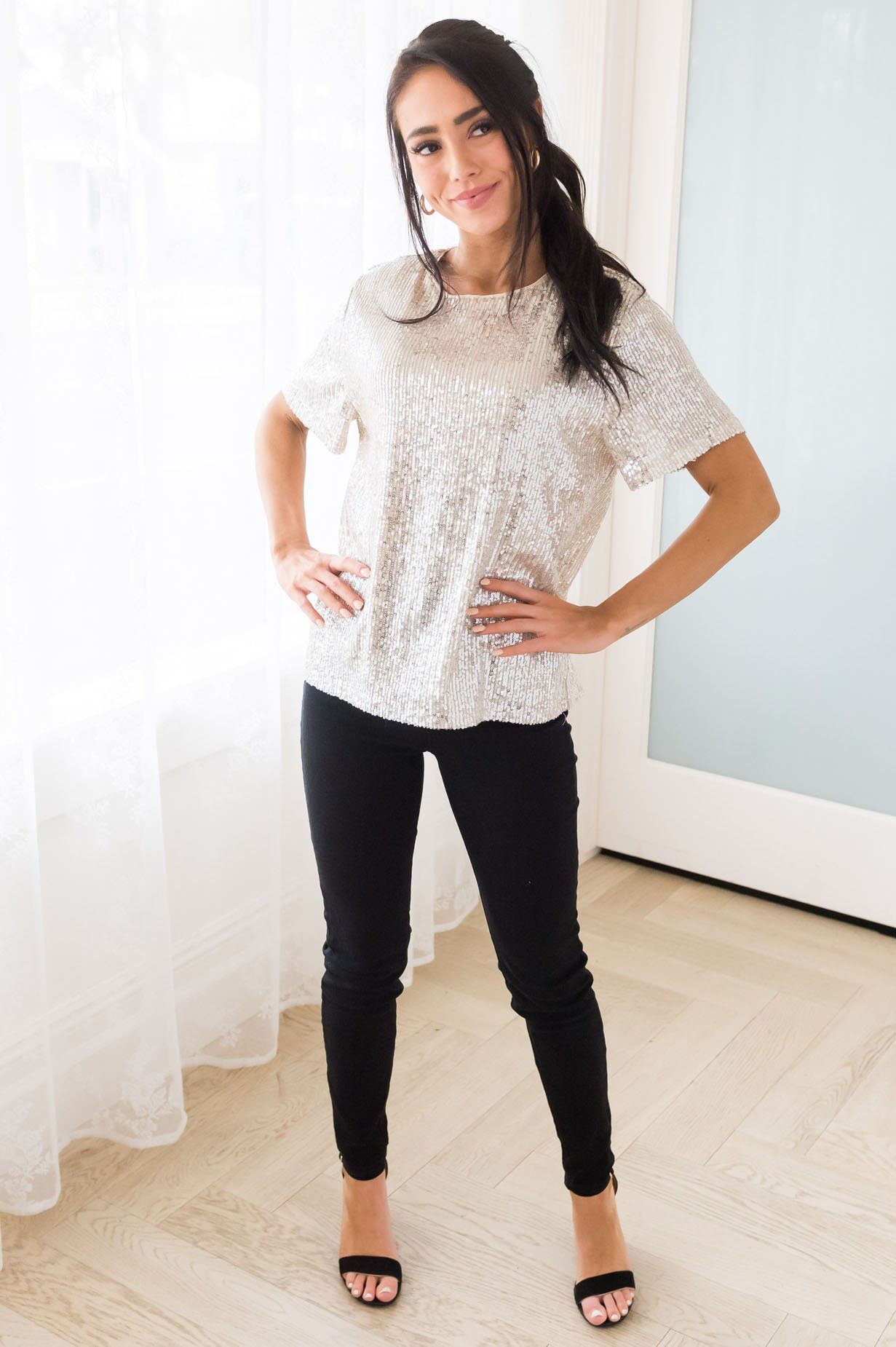 Love Actually Modest Sequin Blouse Tops vendor-unknown