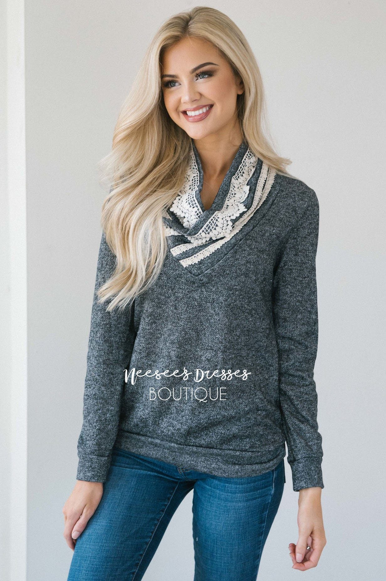 Charcoal & Cream Cozy Cowl Neck Sweater Tops vendor-unknown