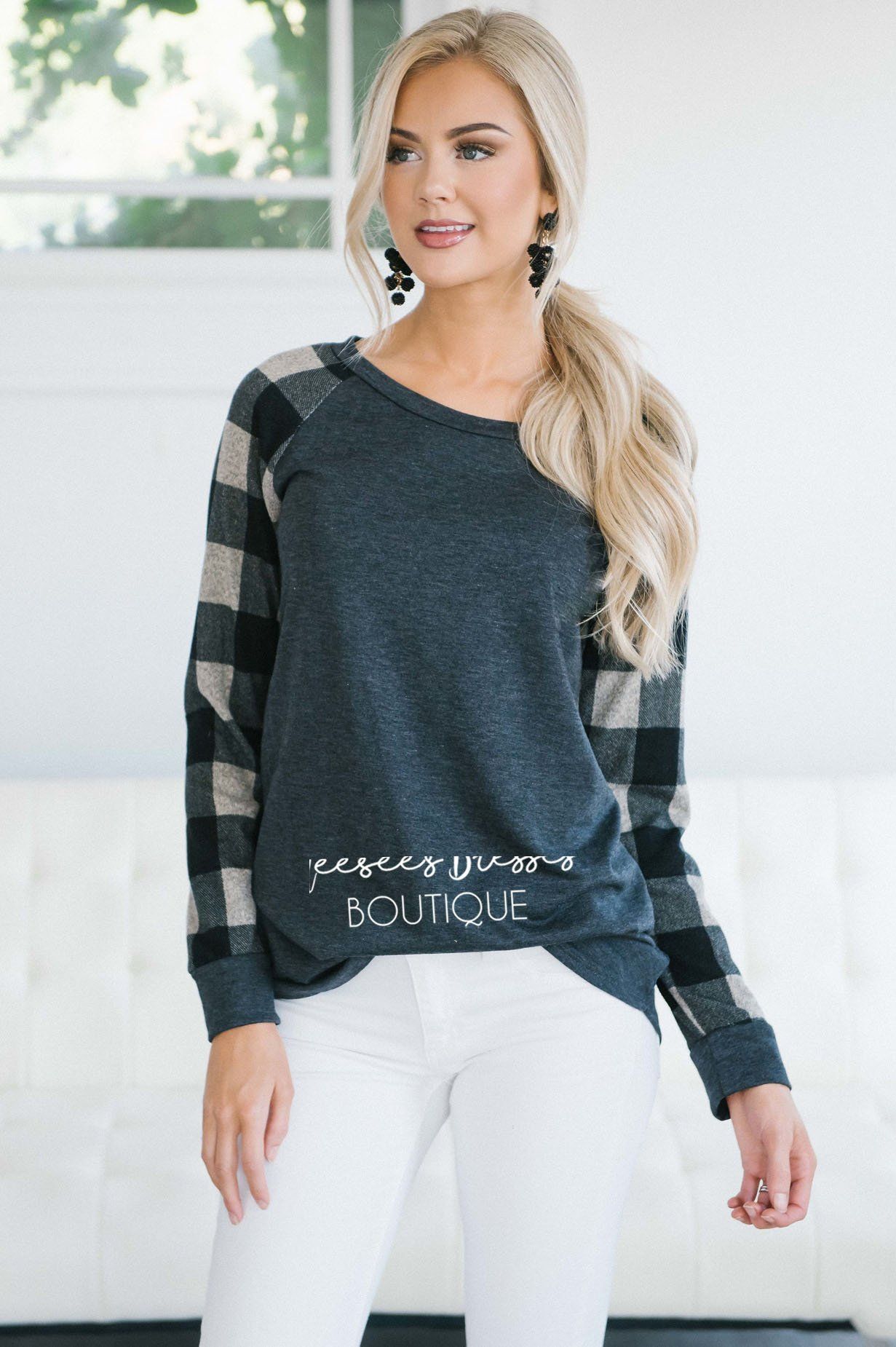 Charcoal & Taupe Plaid Sleeve Sweatshirt Tops vendor-unknown