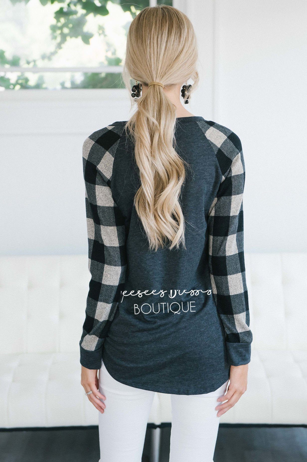 Charcoal & Taupe Plaid Sleeve Sweatshirt Tops vendor-unknown