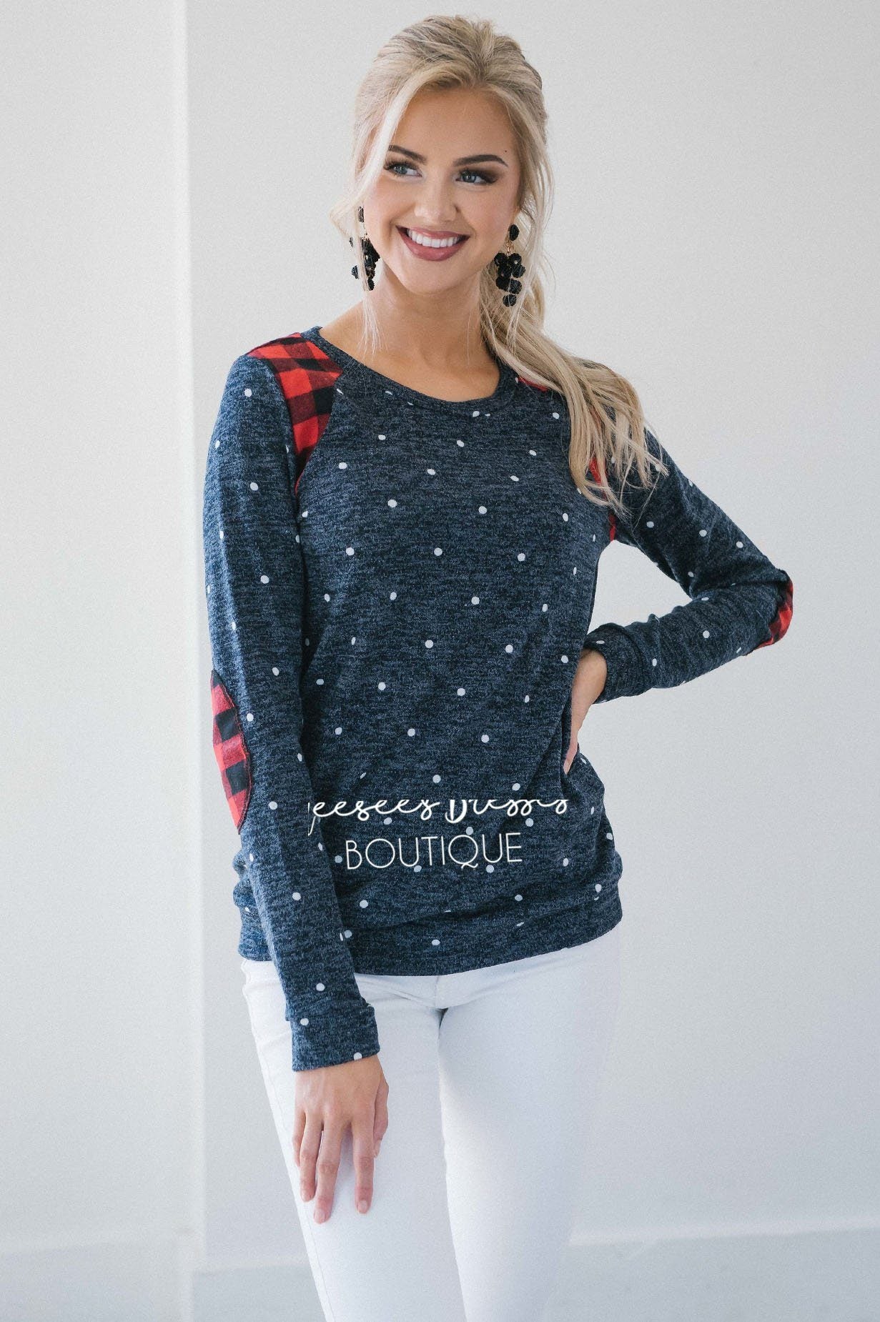 Polka Dot & Plaid Elbow Patch Top Tops vendor-unknown