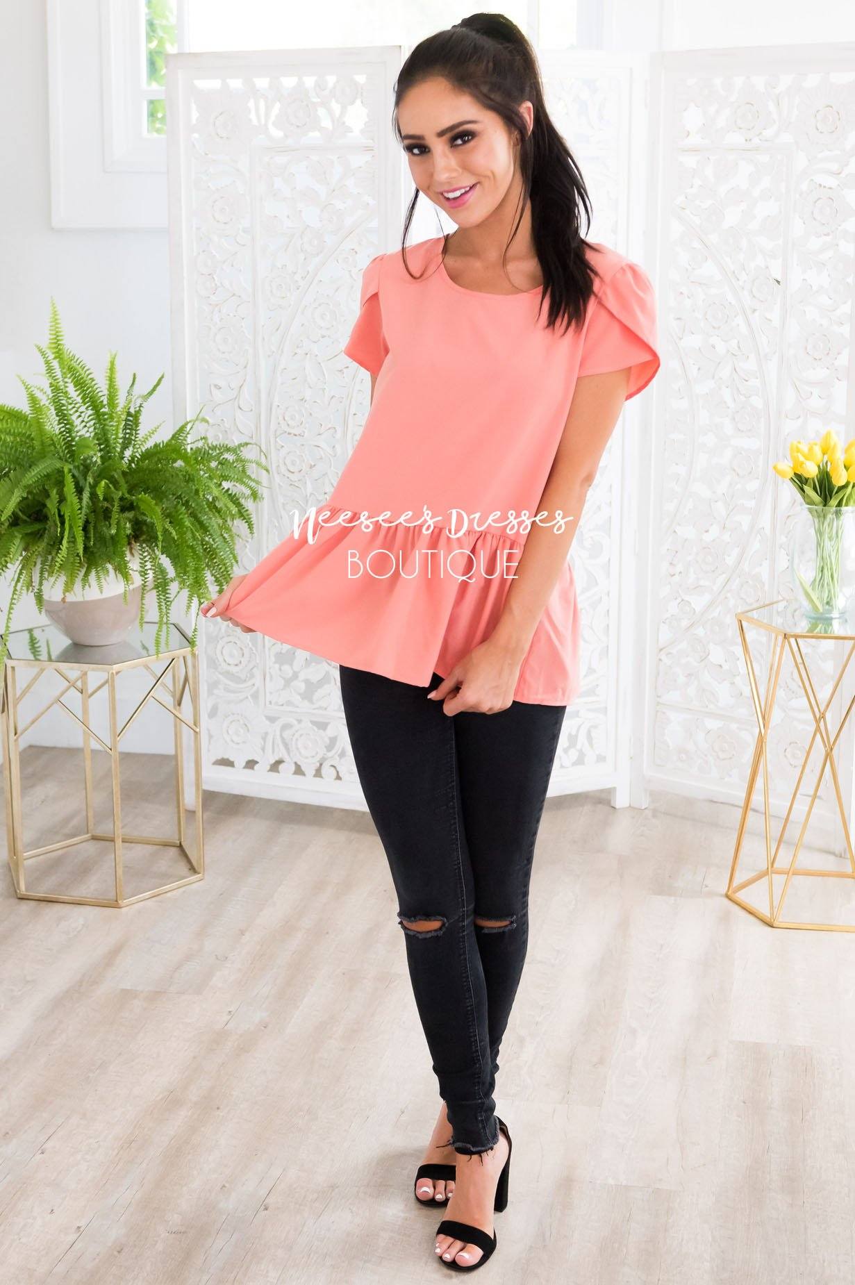 Coral Tulip Sleeve Peplum Top Tops vendor-unknown