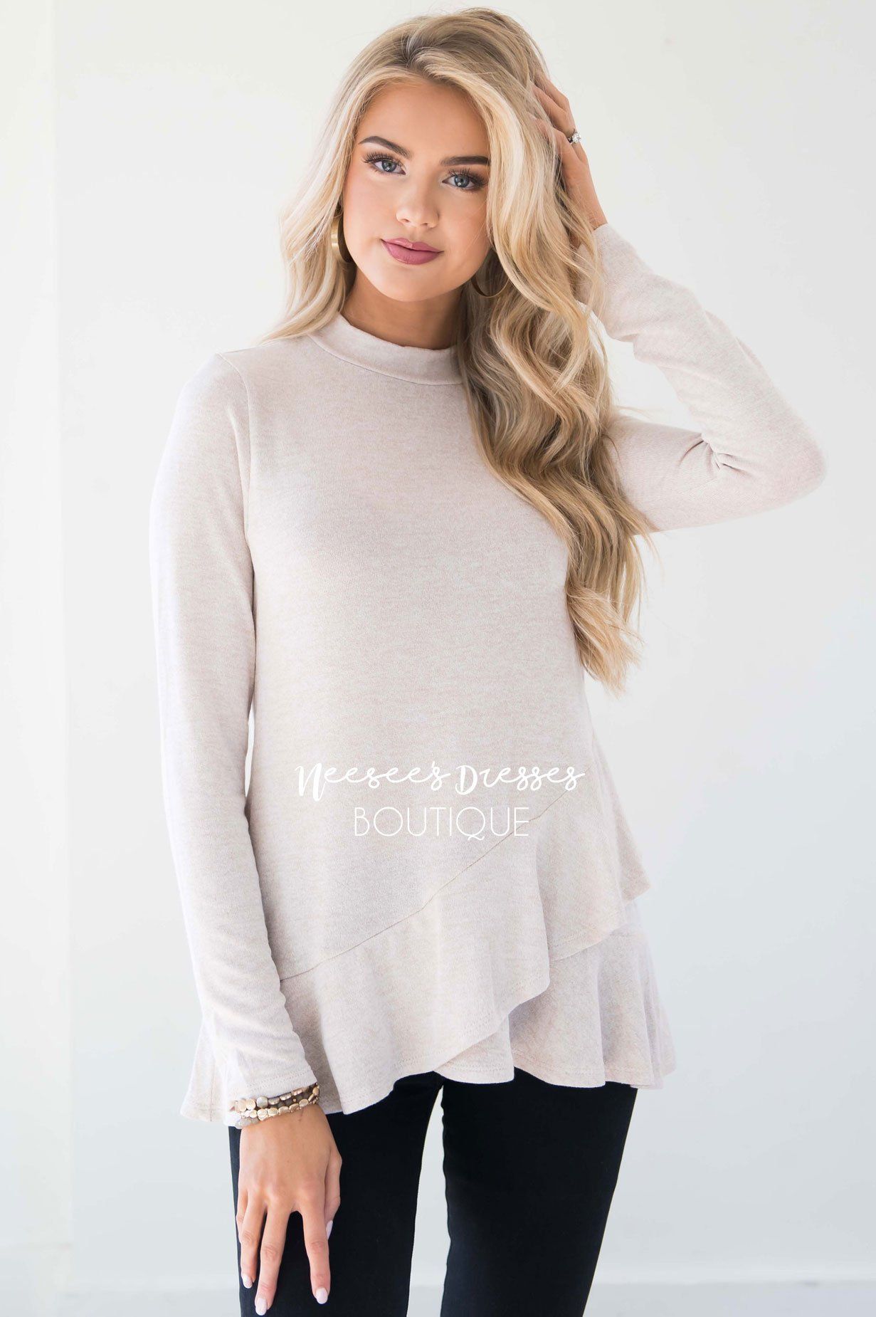 Heather Cream Double Ruffle Hem Sweater Tops vendor-unknown