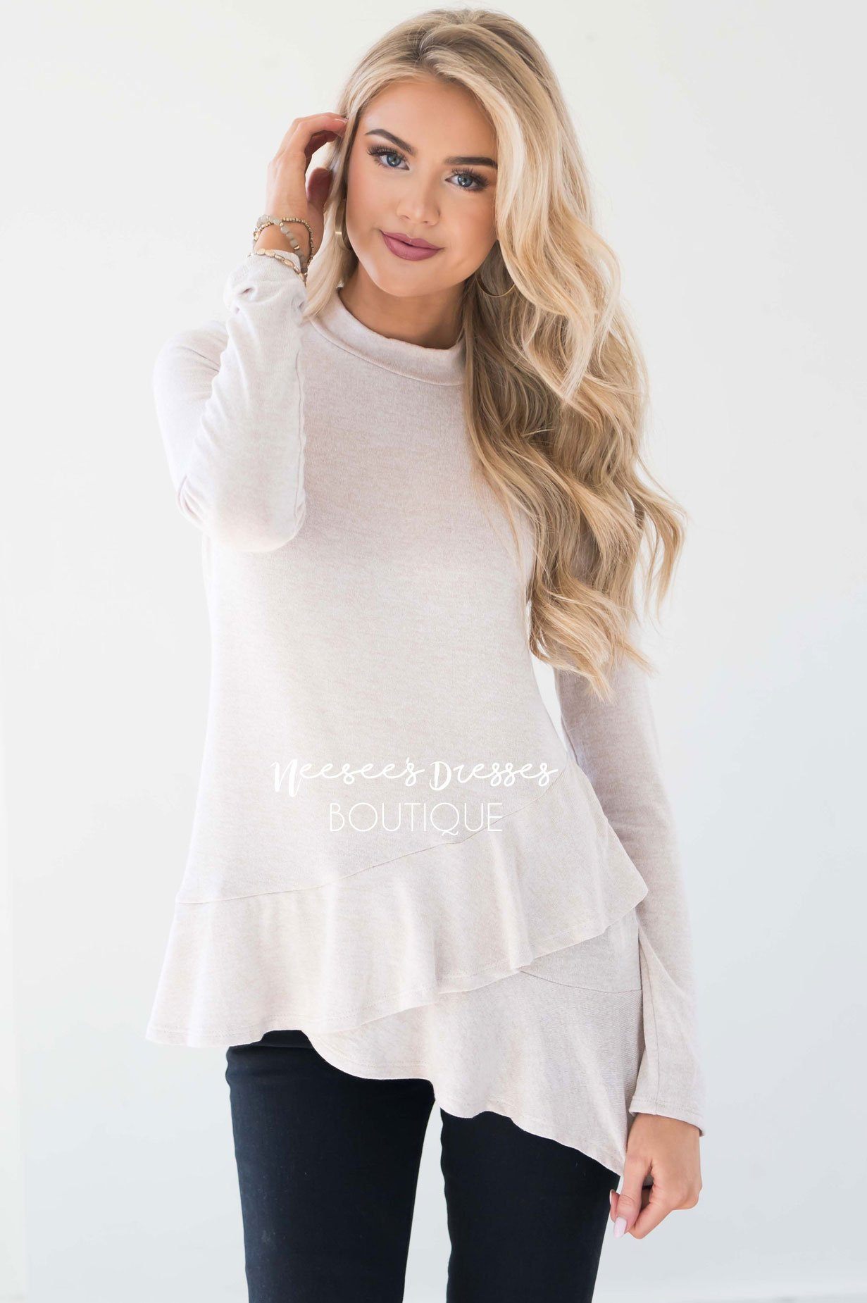 Heather Cream Double Ruffle Hem Sweater Tops vendor-unknown
