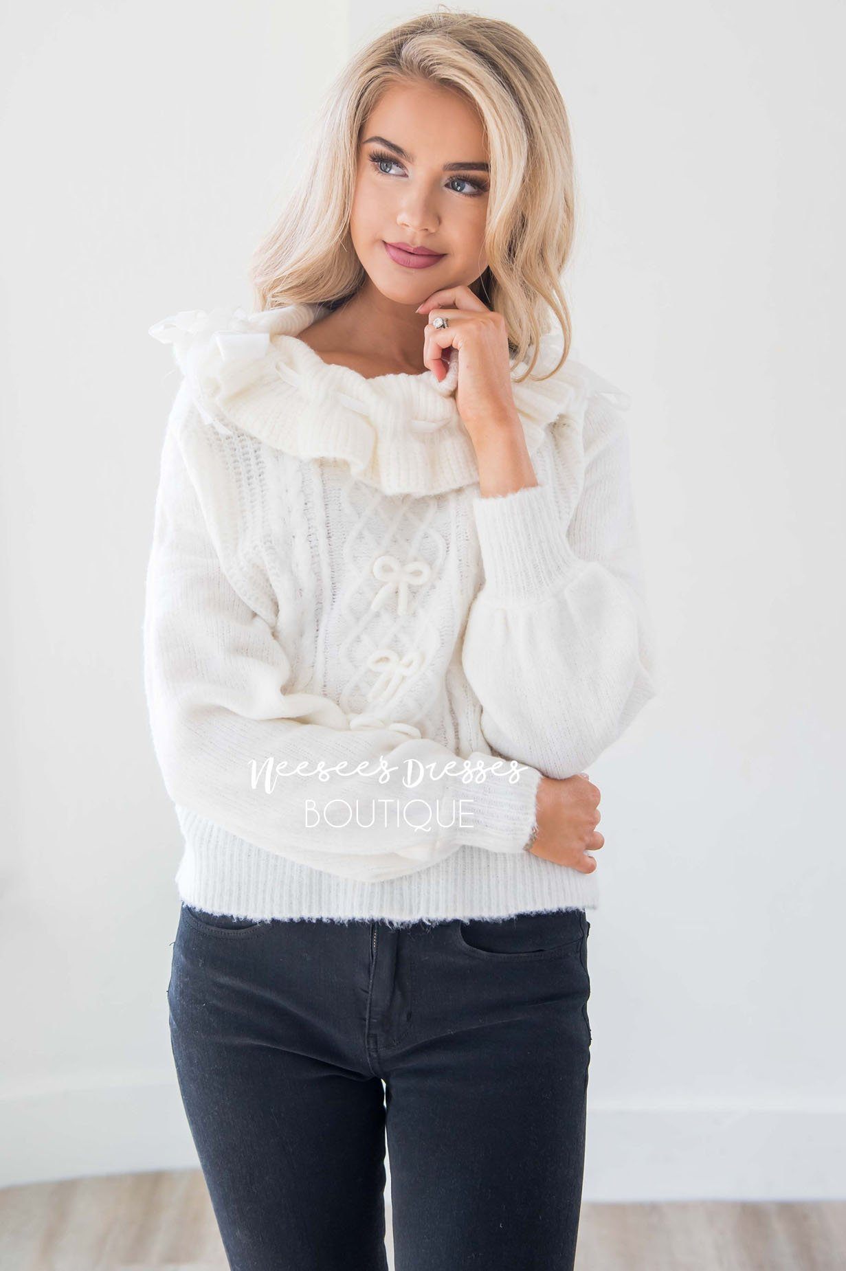 Ivory Knit Sweater with Cute Bow Details Tops vendor-unknown