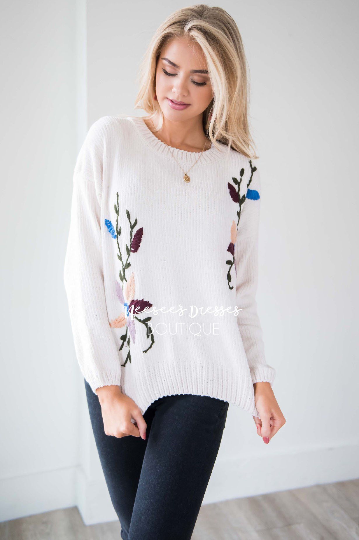 Colorful Embroidered Knit Sweater Tops vendor-unknown