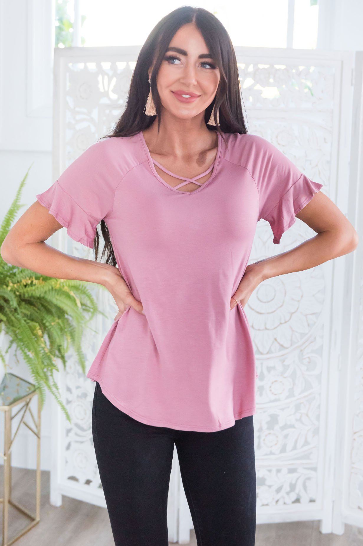 Criss Cross Flutter Sleeve Top Tops vendor-unknown
